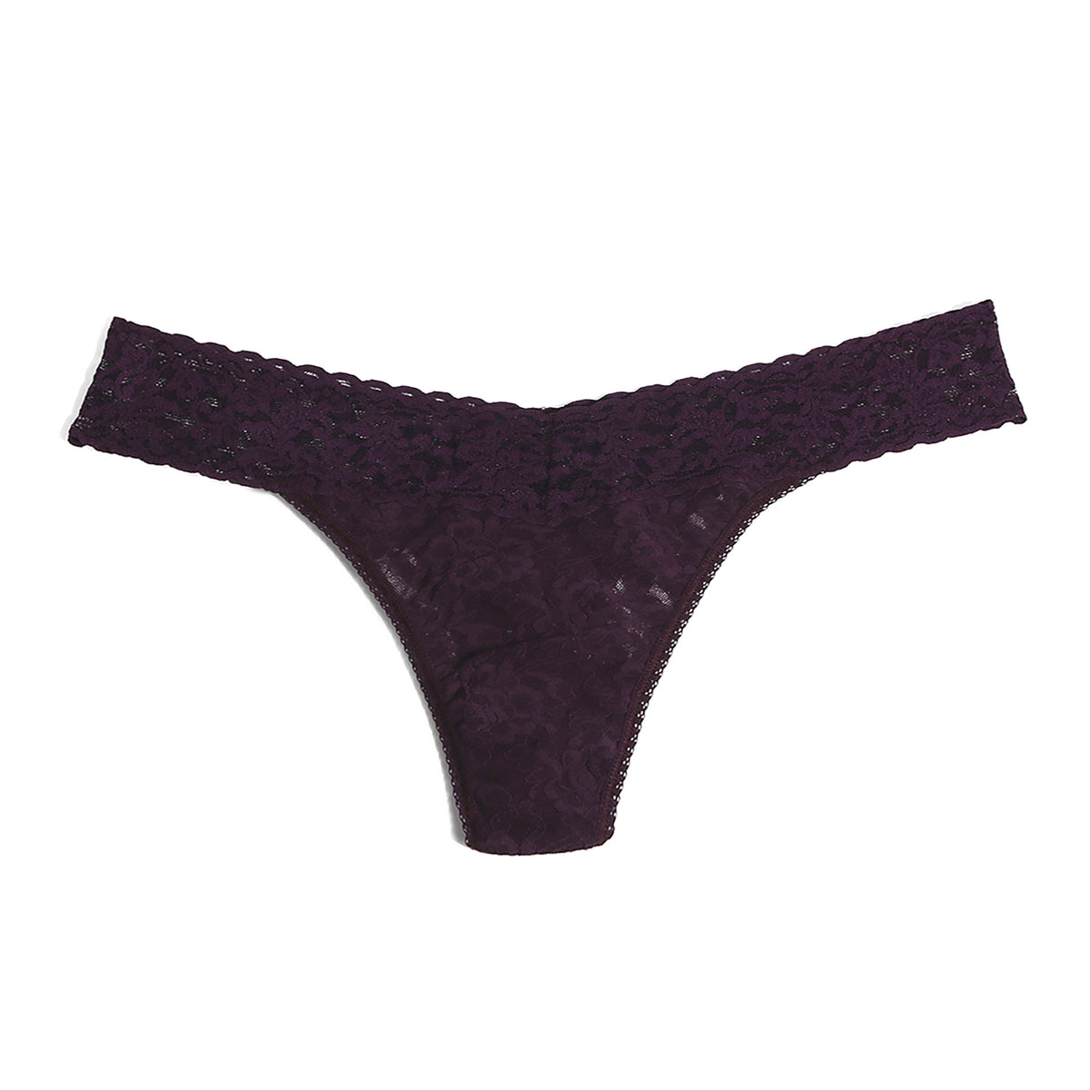 Hanky Panky Low Rise Thong in Plum stretch floral lace, front product view.
