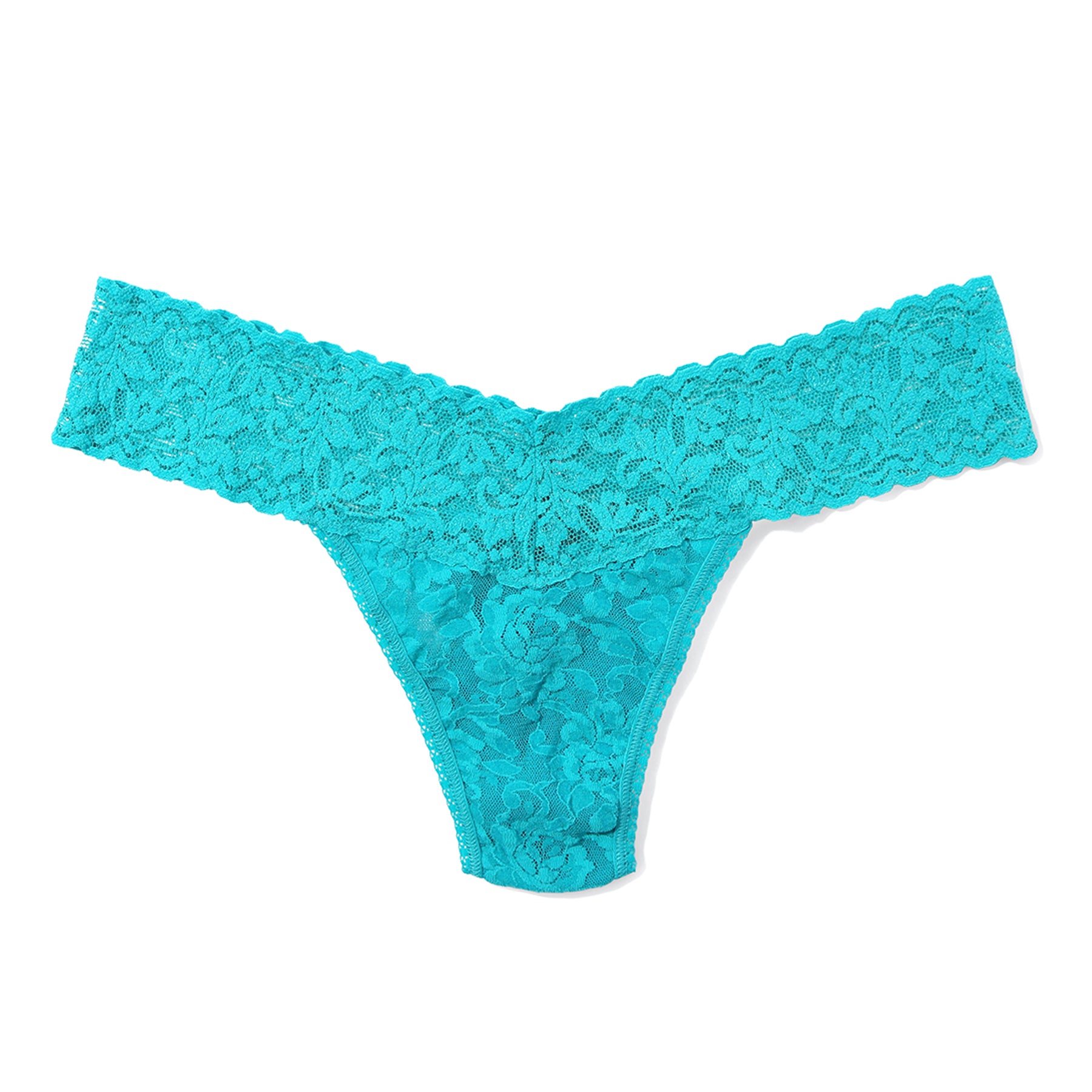 Turkish tile blue floral lace thong with wide scalloped waistband and soft stretch lace design for everyday comfort