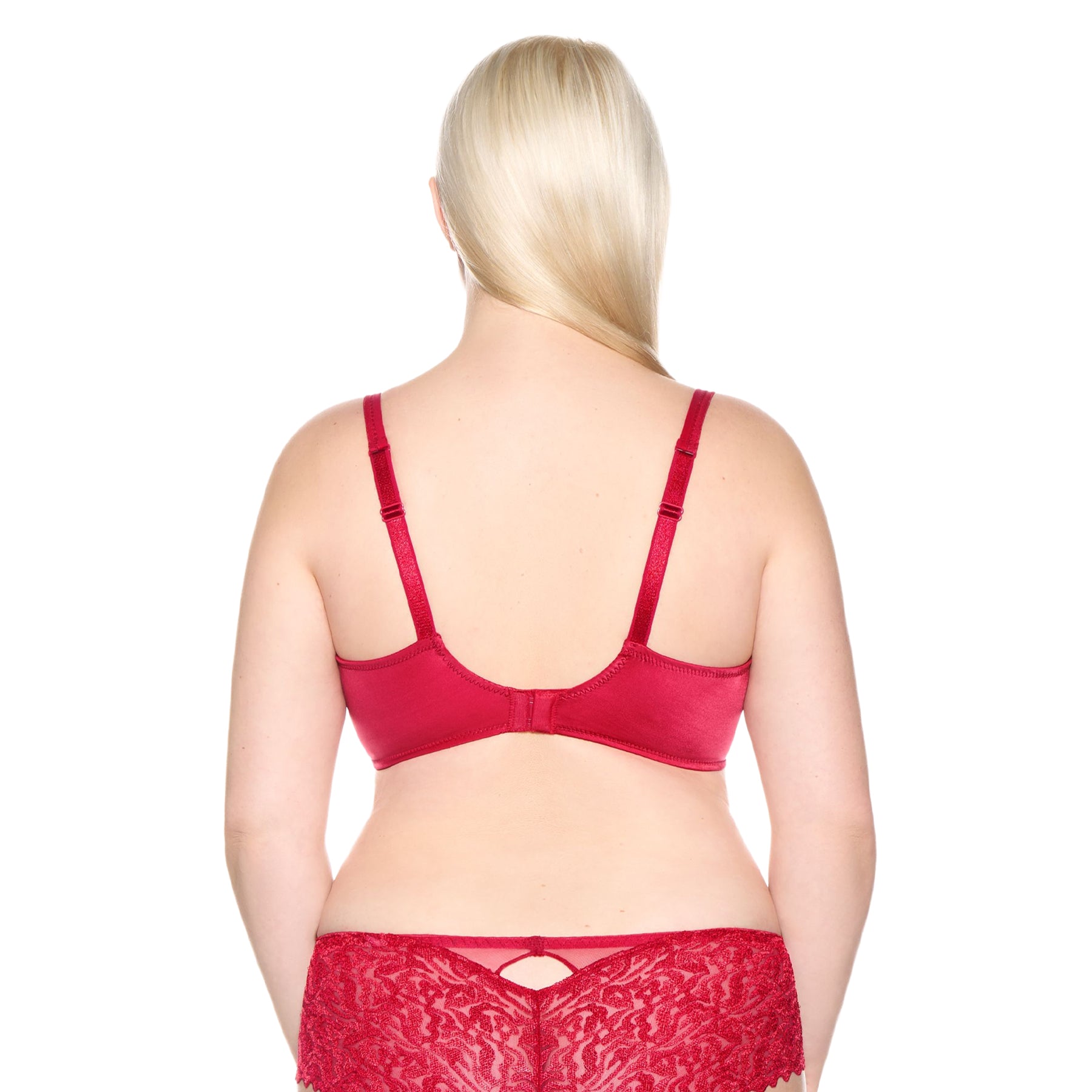 Back view of model wearing the Louisa Bracq Waves Plunge Bra in red with adjustable straps and hook-and-eye closure.
