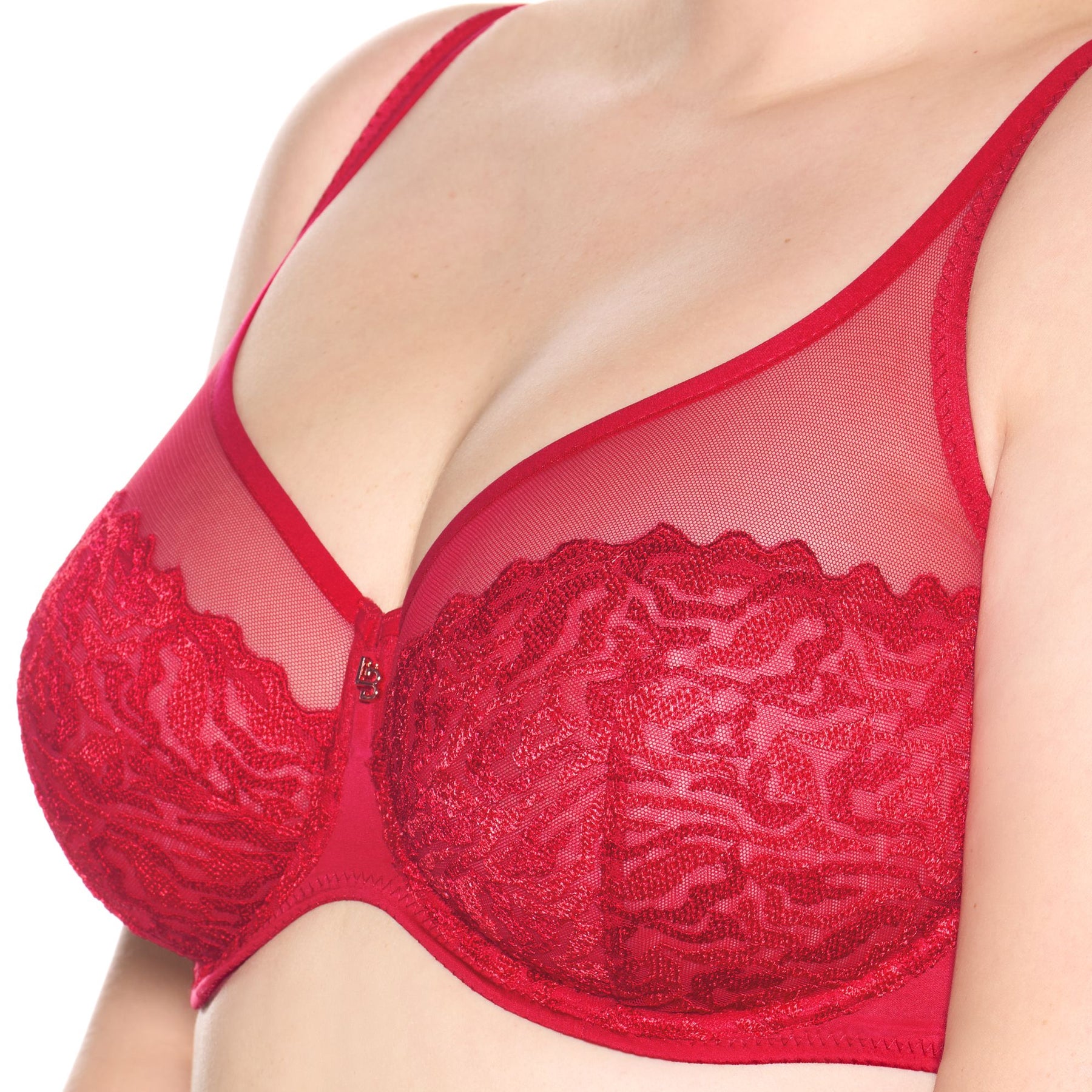 Close-up of the Louisa Bracq Waves Plunge Bra in red, highlighting intricate wave embroidery and sheer mesh detailing.