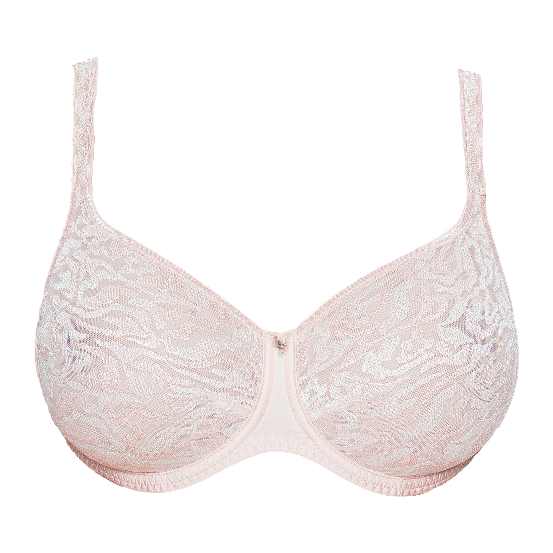 Front view of a nude rose full cup lace bra with seamless floral pattern and underwire support.