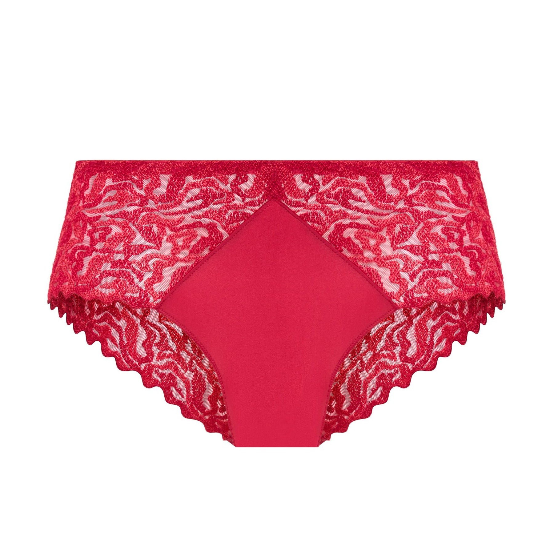 Louisa Bracq Waves briefs in red with intricate wave-inspired lace and a smooth satin-look front panel.