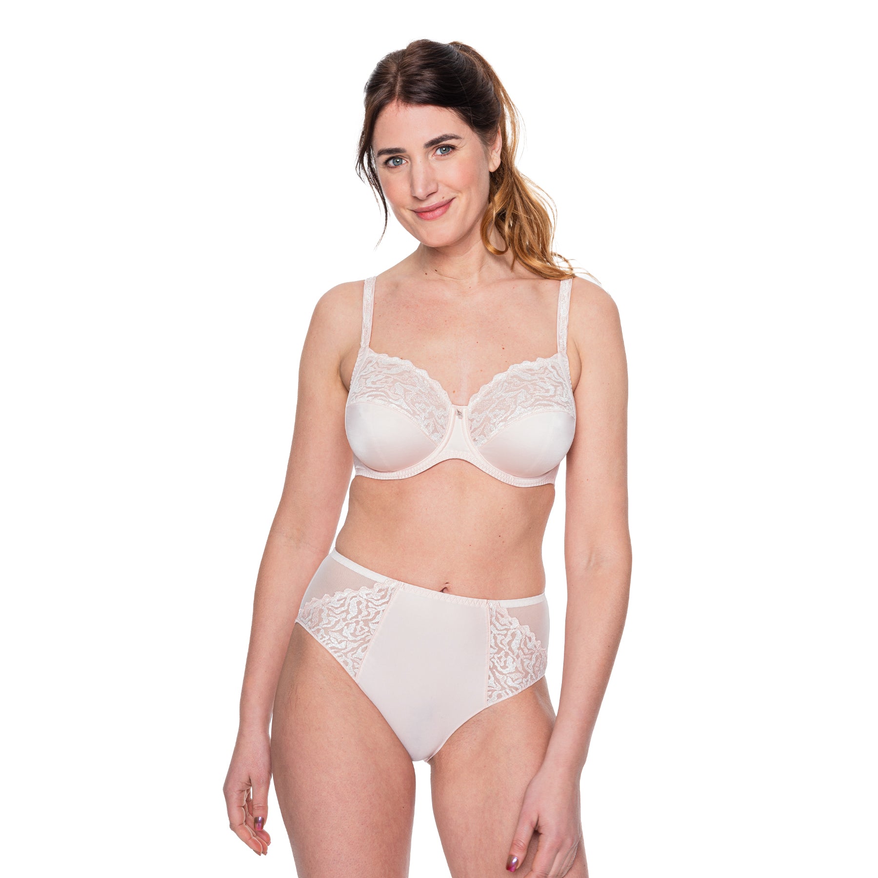 Full-body image of model wearing nude rose full brief and matching lace bra for an elegant lingerie set.