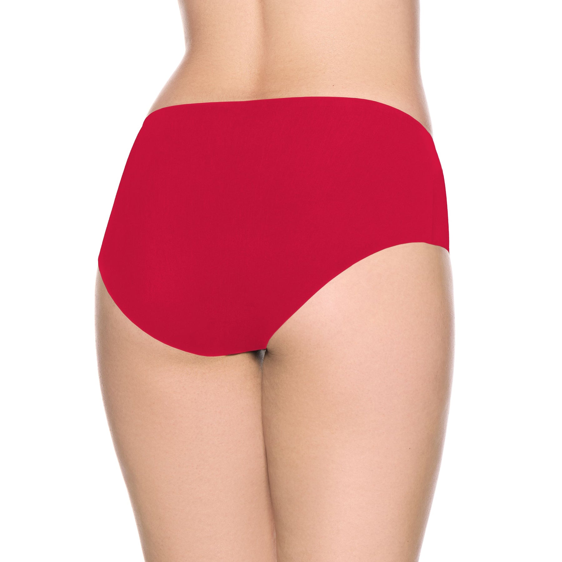 Back view of model wearing red seamless full briefs, showing smooth fabric and full rear coverage.