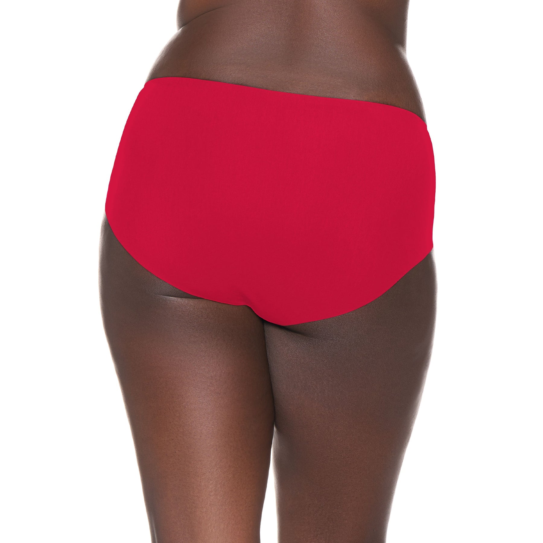 Back view of model wearing red seamless full briefs with a clean, no-show finish and full coverage.