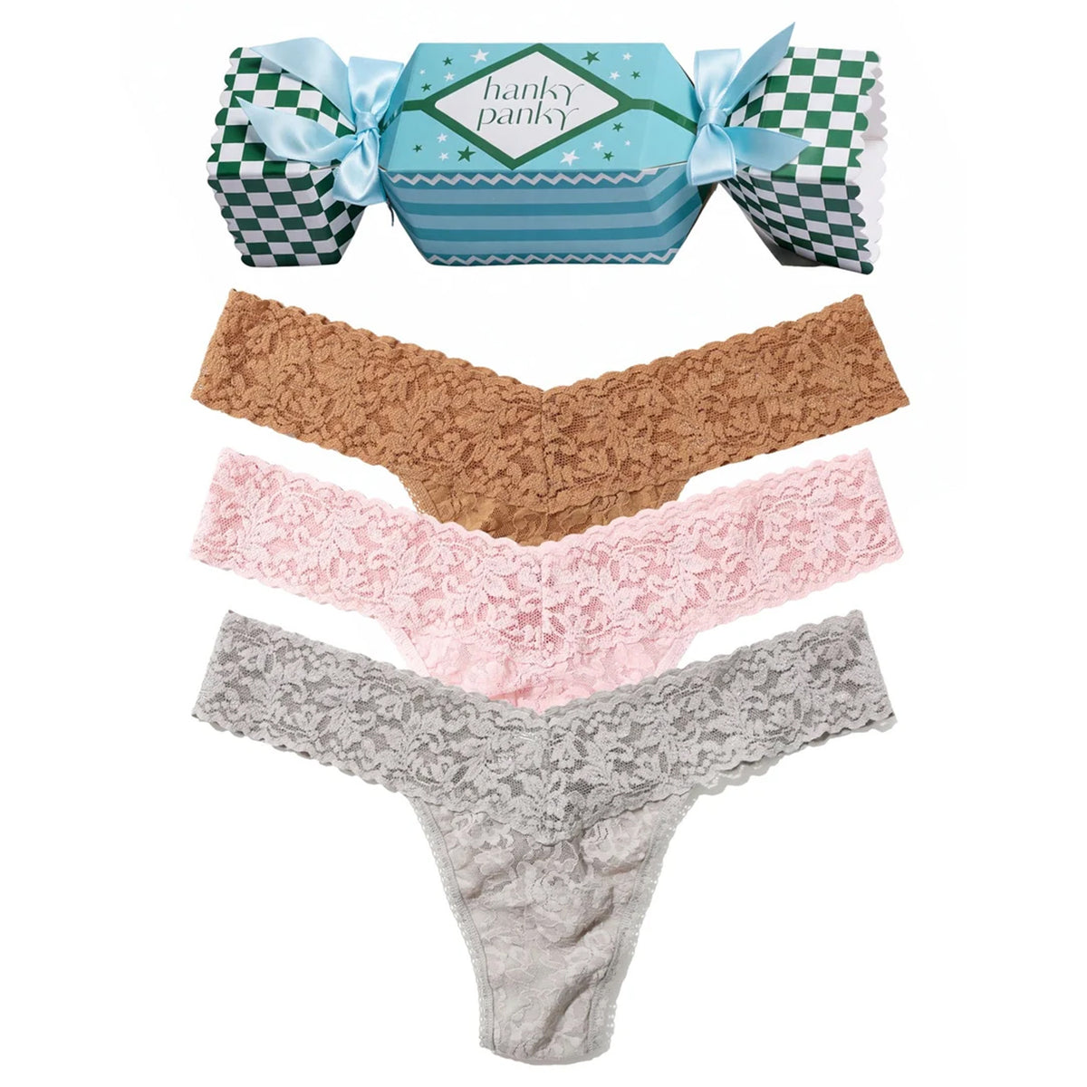 Hanky Panky Signature Lace Low Rise Thong 3-Pack in Suntan, Rose Pink, and Grey, featuring delicate floral lace and scalloped waistbands, displayed with a blue holiday cracker gift box.