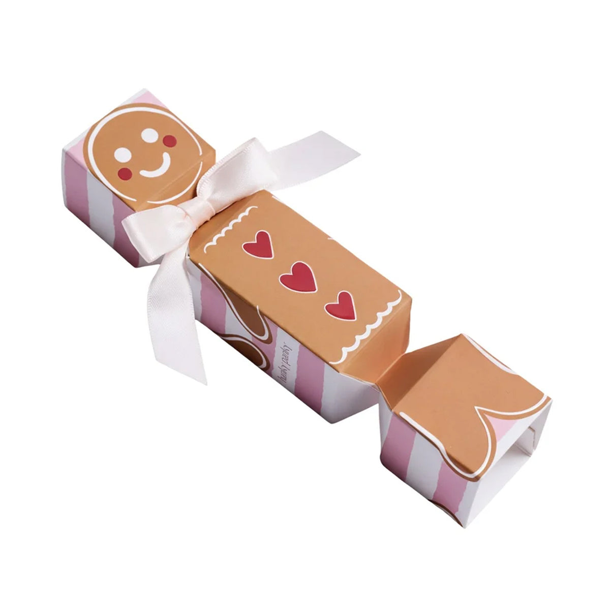 Hanky Panky holiday cracker gift box with a smiling gingerbread design, pink and white stripes, red hearts, and a white satin ribbon bow, shown at an angle.