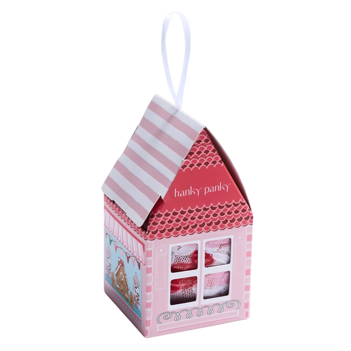 Hanky Panky Sugar and Spice holiday gift box shaped like a pink gingerbread house, featuring a striped roof, decorative windows, gingerbread illustrations, and a white hanging ribbon.