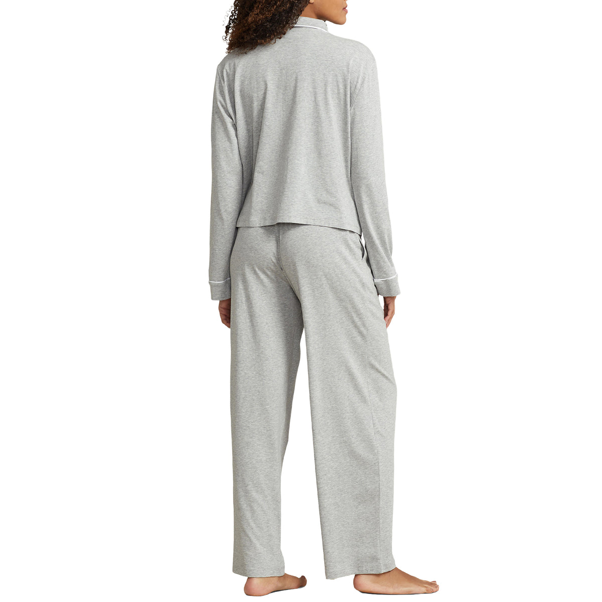 Rear view of Polo Ralph Lauren heather grey long-sleeve pyjama set with a relaxed-fit shirt and matching wide-leg pants.