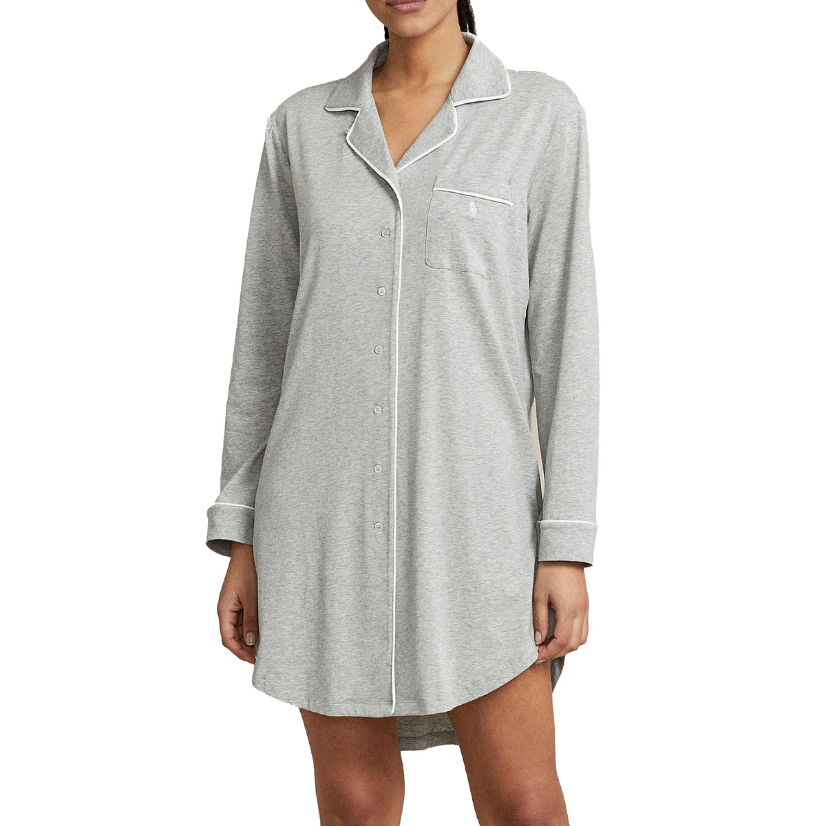 Model wearing Polo Ralph Lauren heather grey long-sleeve button-up sleep shirt with white contrast piping, notched collar, embroidered chest pocket, and curved hem.