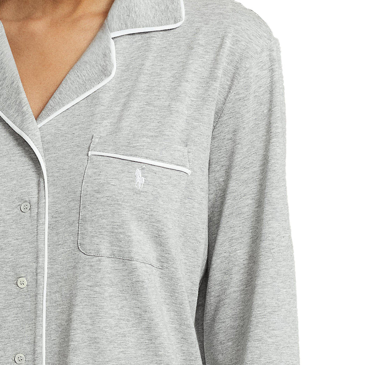Close-up of Polo Ralph Lauren heather grey sleep shirt featuring a notched collar, white piping, button-front closure, and signature embroidered Polo logo on the chest pocket.