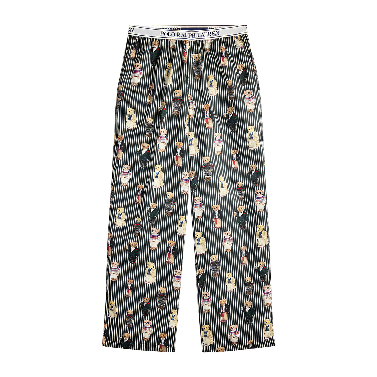 Front flat lay of Polo Ralph Lauren pajama pants featuring black and white vertical stripes, an all-over Polo Bear print, a branded elastic waistband, and a relaxed wide-leg silhouette.