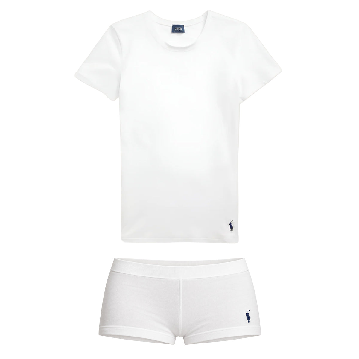 Front flat lay of a white Polo Ralph Lauren short-sleeve crew-neck T-shirt and matching white boyshort underwear, both featuring navy embroidered Polo logos.