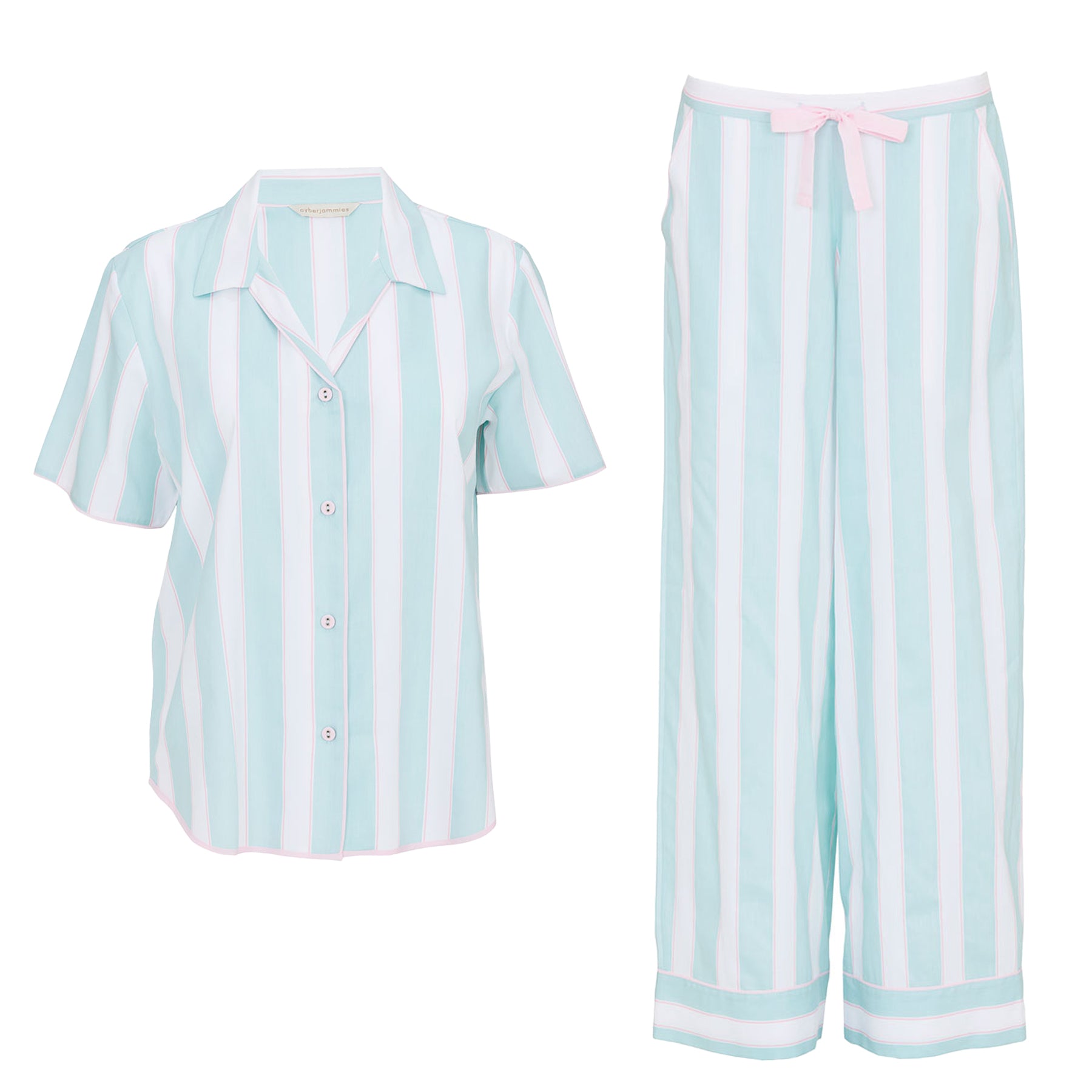 Mint green striped short sleeve pajama set with button-down shirt and wide-leg pants, white and pink vertical stripes