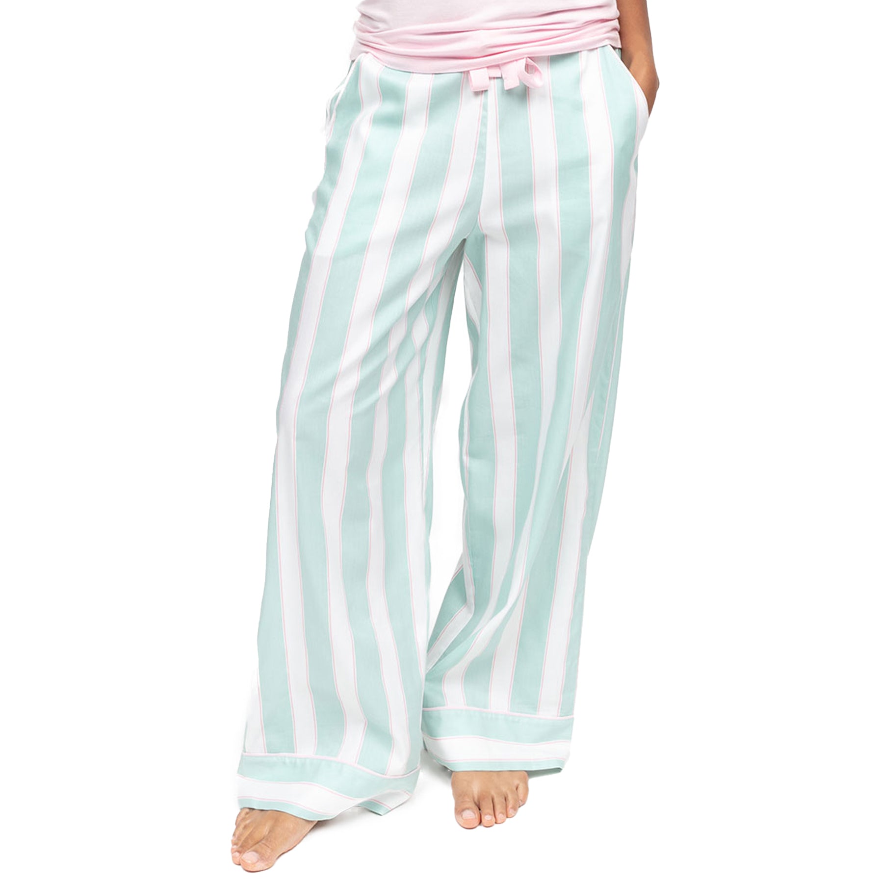 Close-up of mint striped pajama pants with soft waistband and wide-leg silhouette