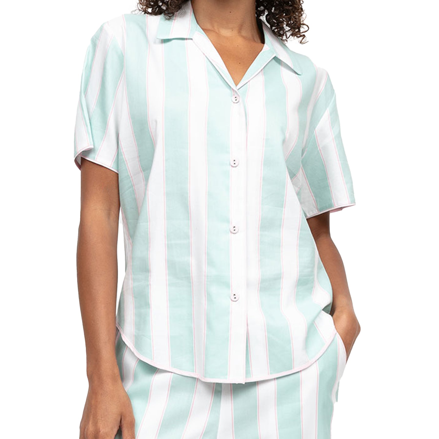 Close-up of mint green striped pajama shirt with short sleeves and button front detail