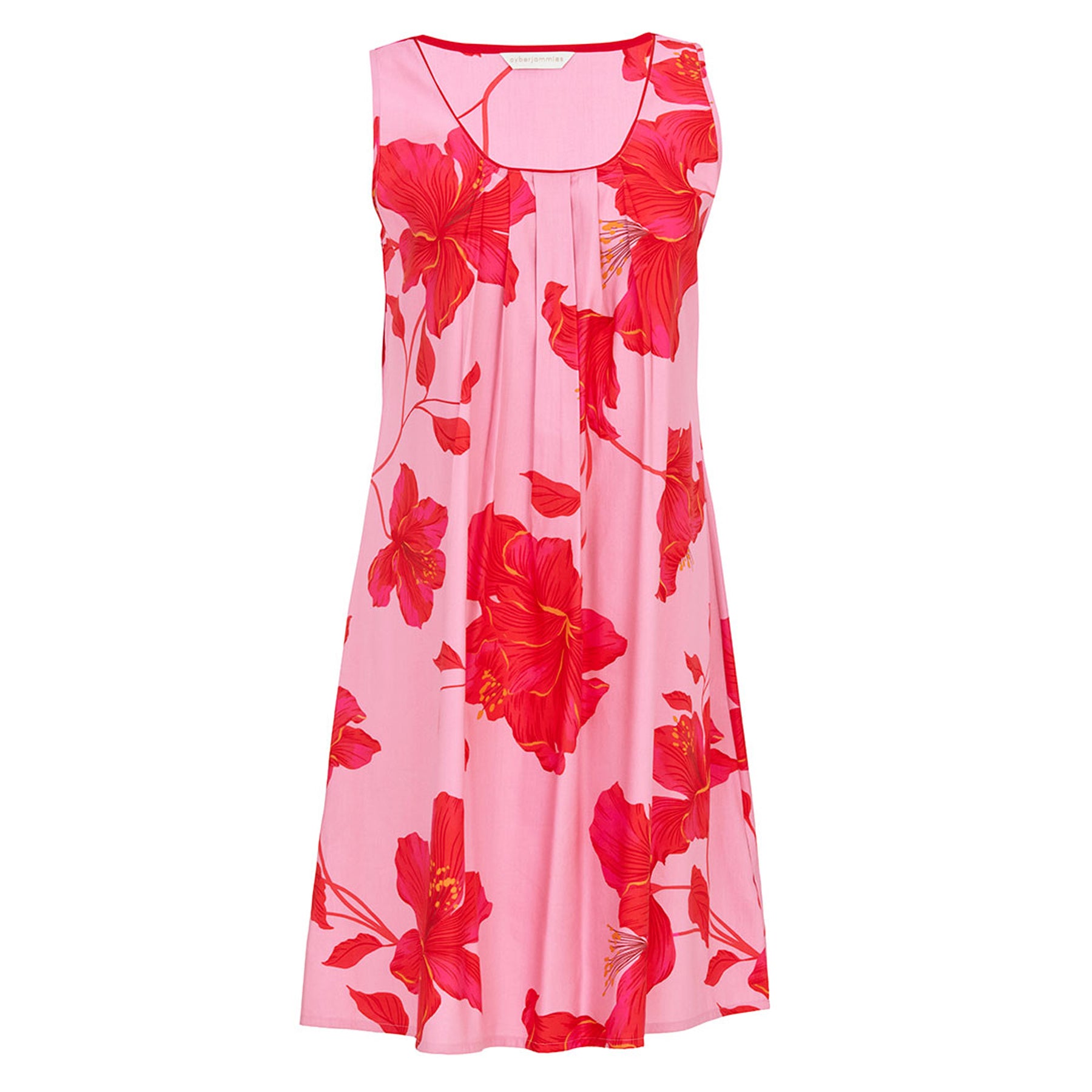 Pink floral chemise nightgown with red hibiscus print, sleeveless A-line silhouette, front view on white background