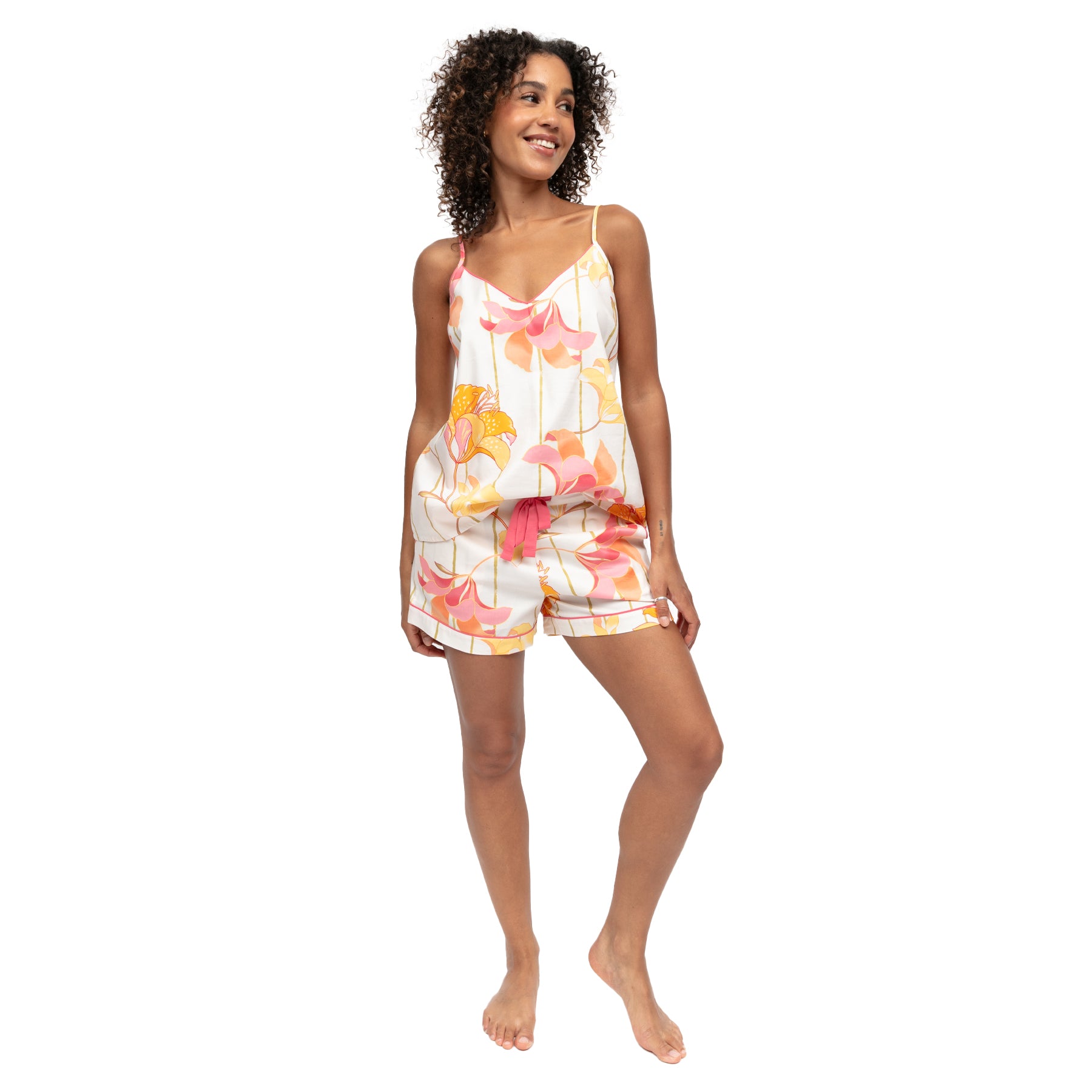 Women’s lightweight floral cami and shorts sleep set with relaxed fit in white with yellow and coral lily print