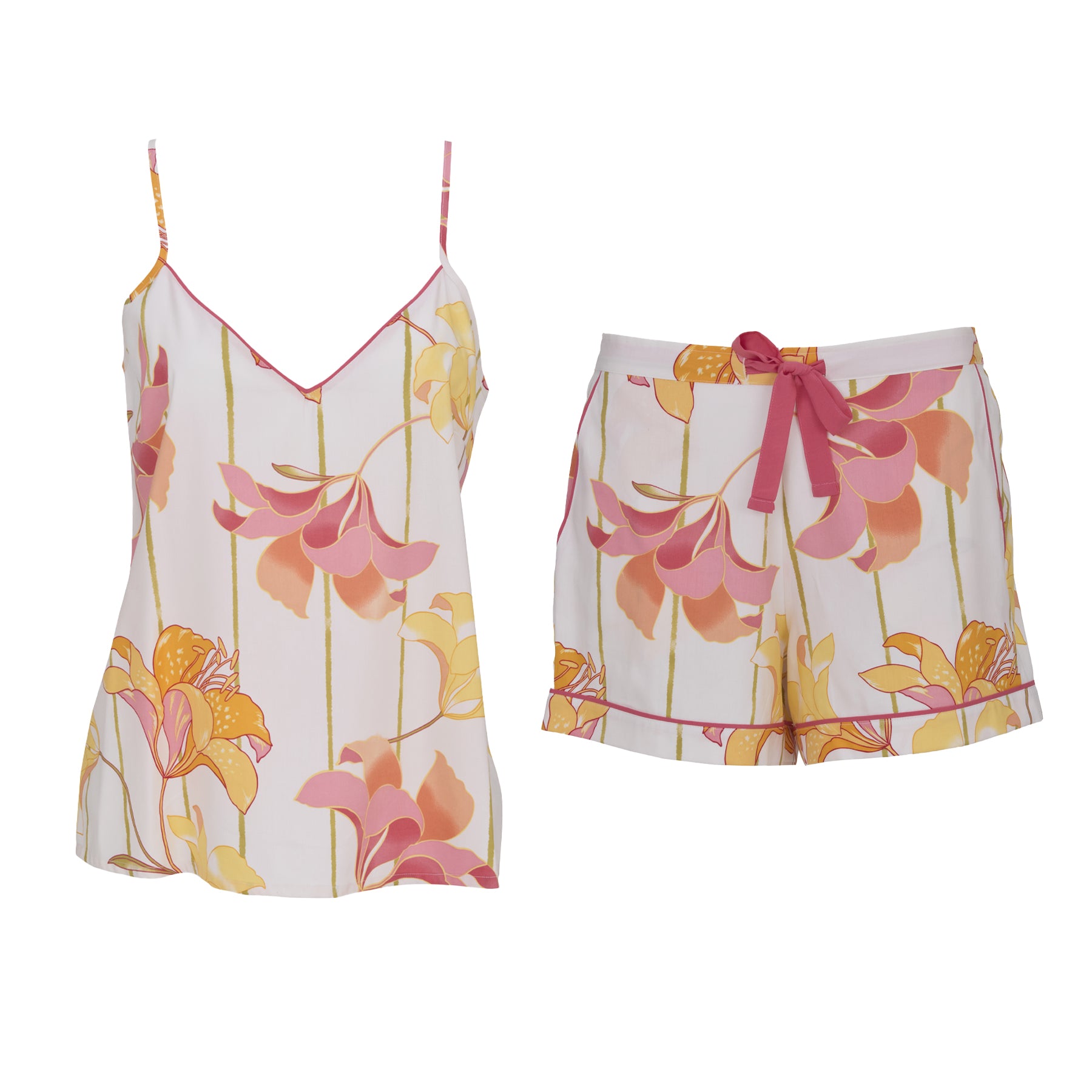 Floral cami and shorts pyjama set laid flat with pink drawstring detail in white with yellow and coral lily print