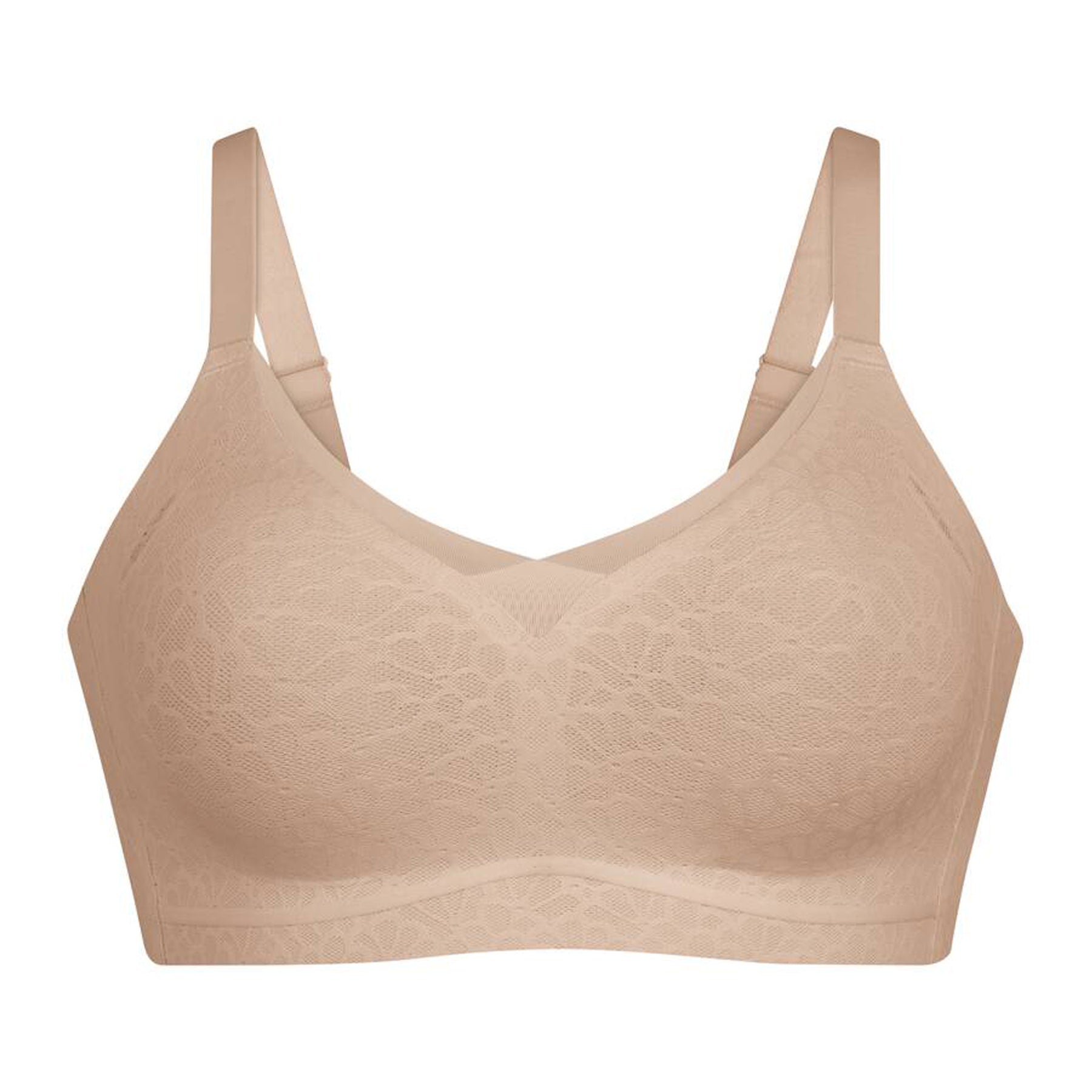 Front flat lay of beige wireless lace bra with subtle floral texture and smooth band