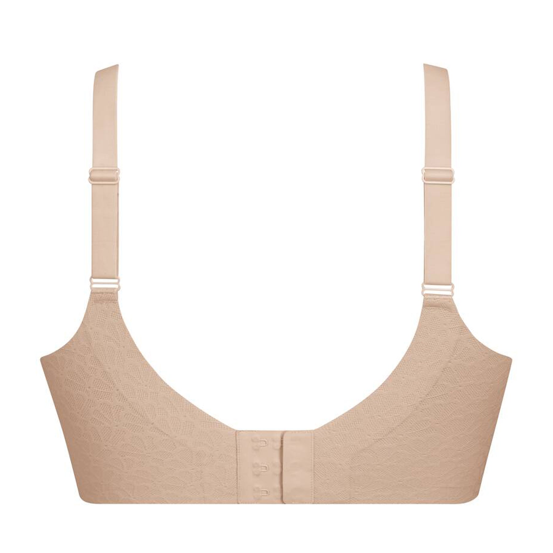 Back flat lay of nude wireless bra showing adjustable straps and hook closure design