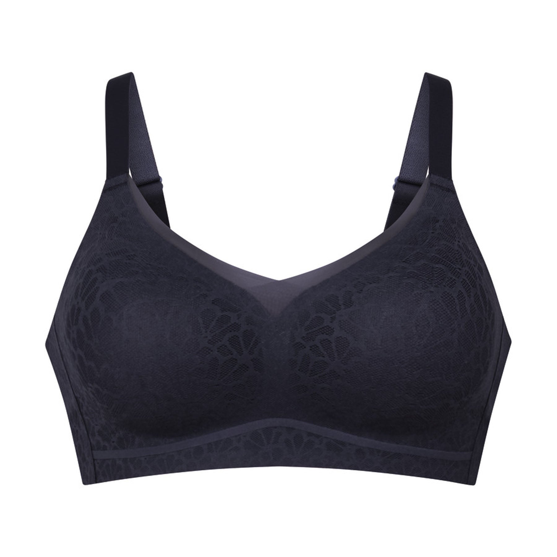 Shadow Blue wireless bra with molded seamless cups, floral lace overlay, wide comfort straps, and a flattering V-neckline.
