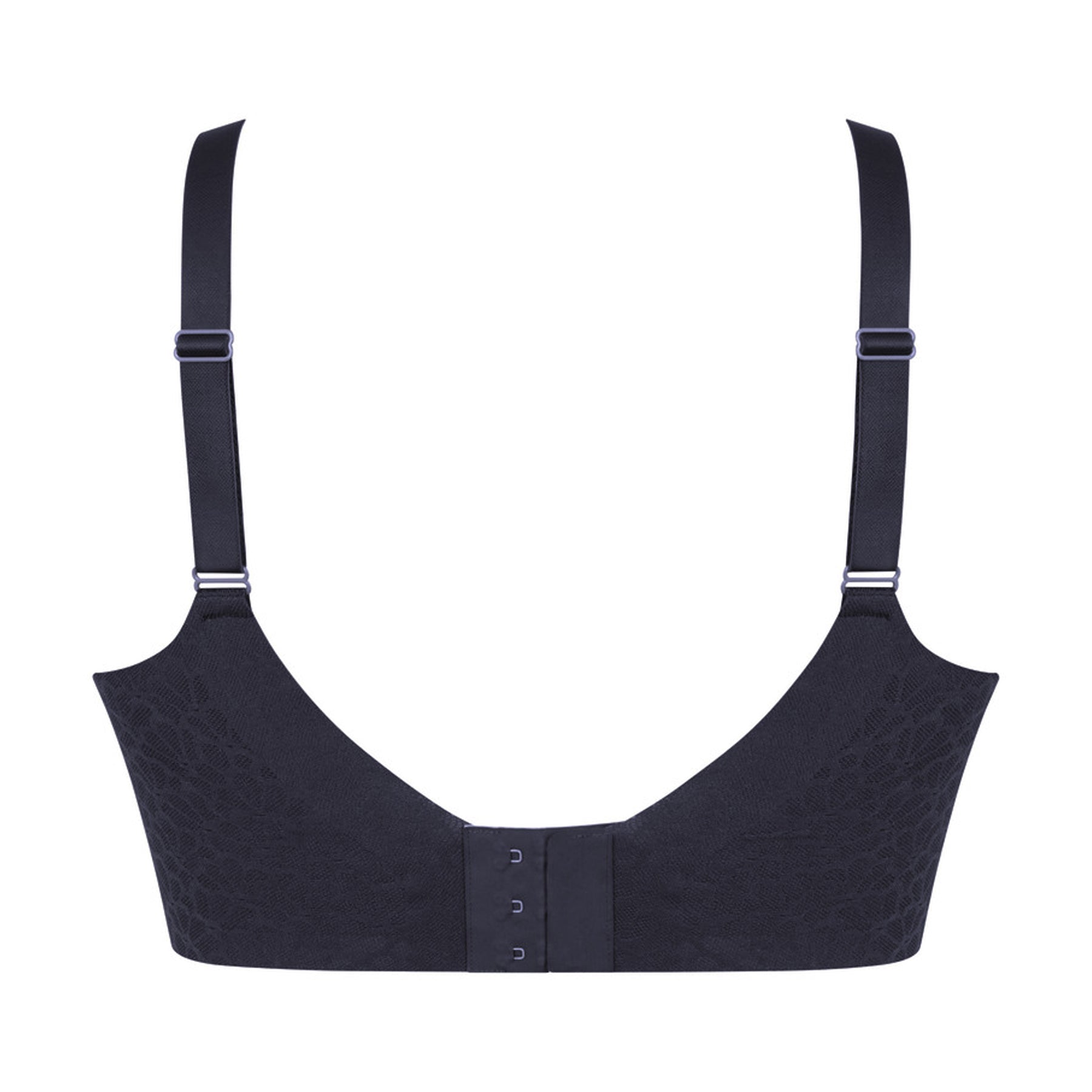 Back view of the Shadow Blue wireless bra with adjustable comfort straps, a supportive wide back band, and a three-hook closure.