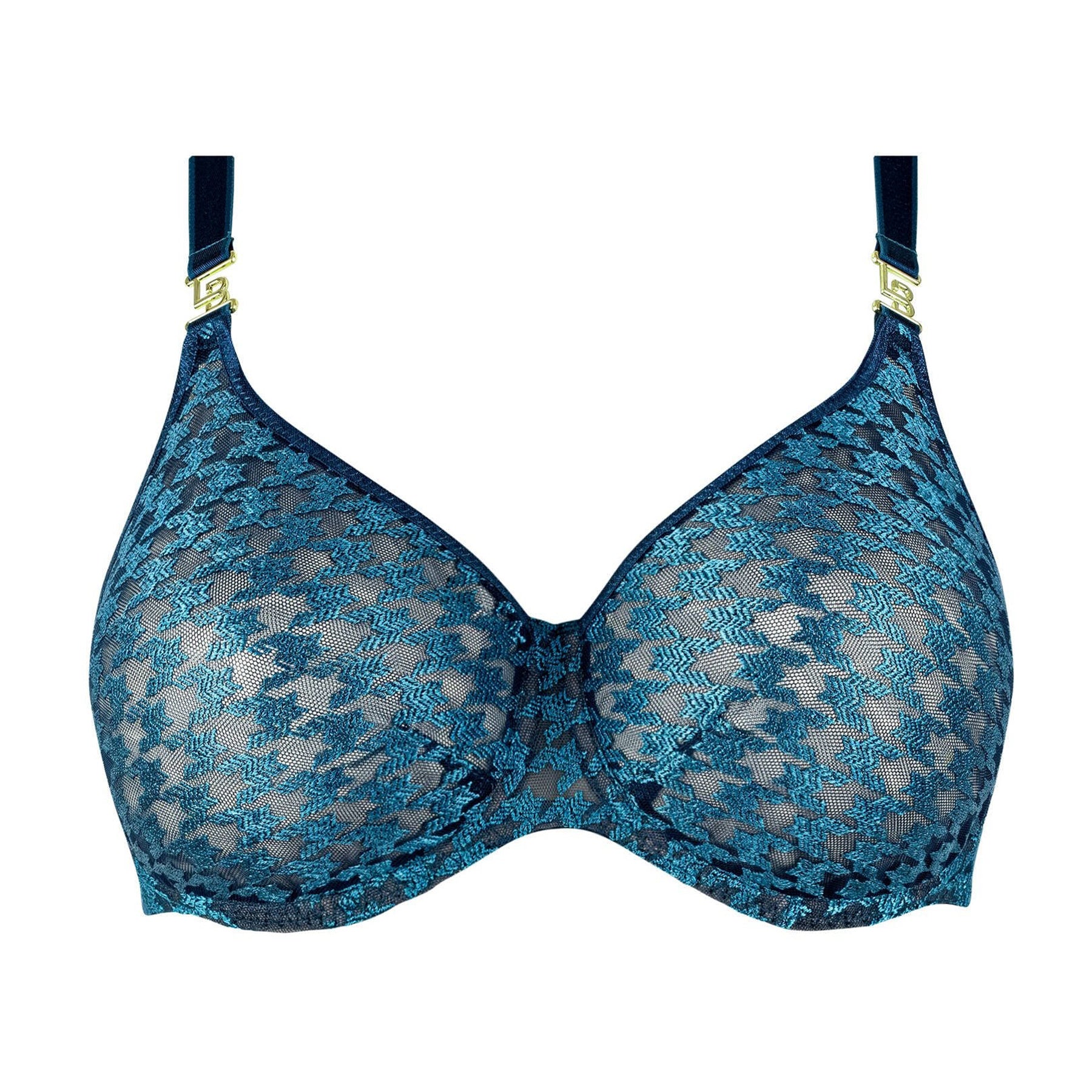 Teal and navy lace bra with sheer houndstooth design and gold strap accents displayed on white background.