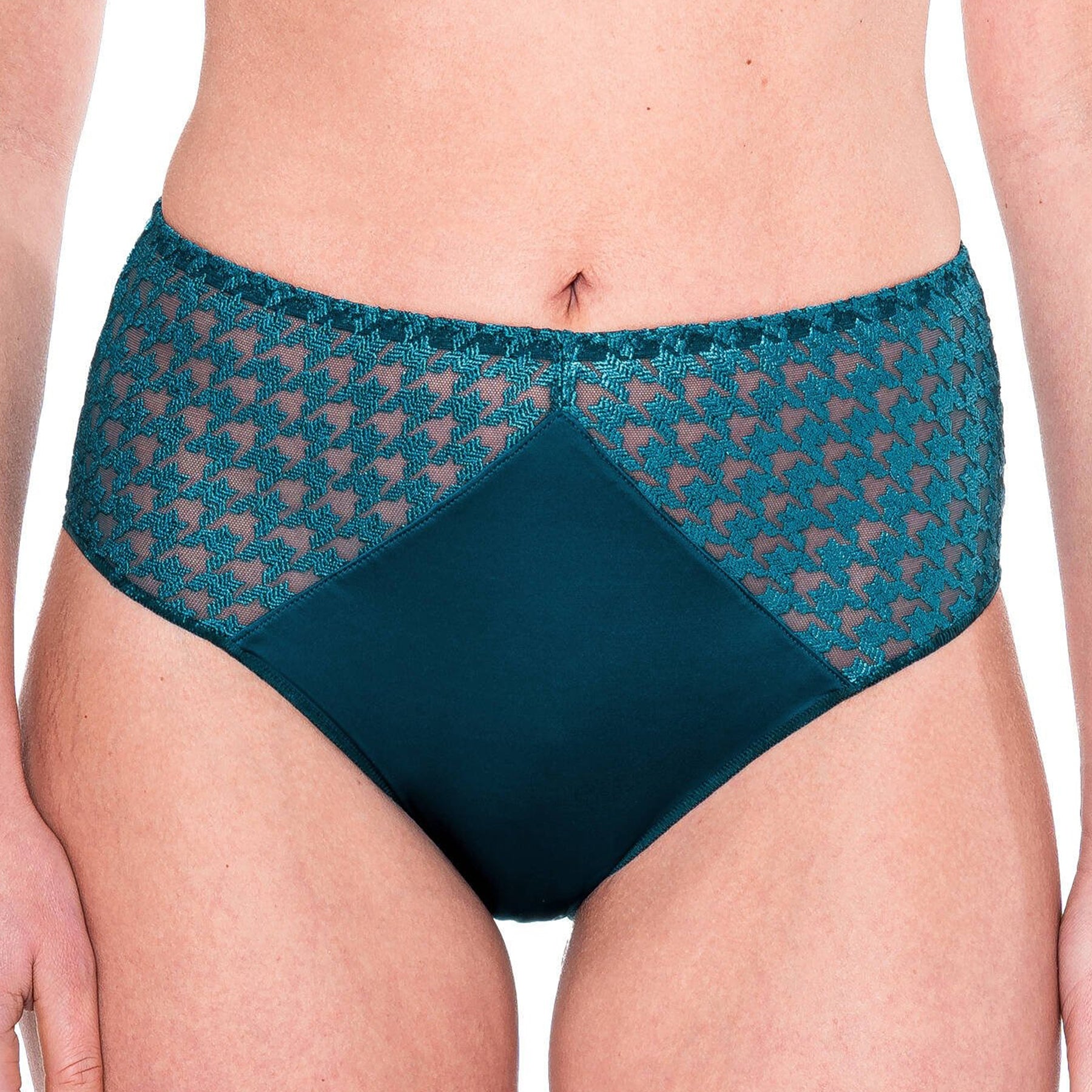 Close-up front view of high-waist brief with teal houndstooth lace panels and smooth centre panel.
