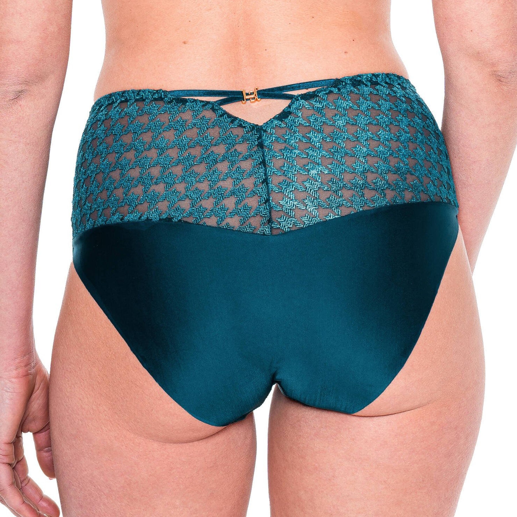 Back view of high-waist brief featuring teal lace panel with keyhole cut-out and smooth satin finish.