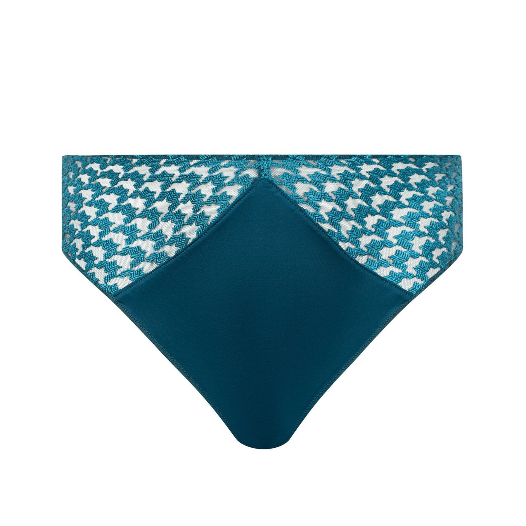 High-waist brief displayed flat, with teal houndstooth lace panels and solid centre section.