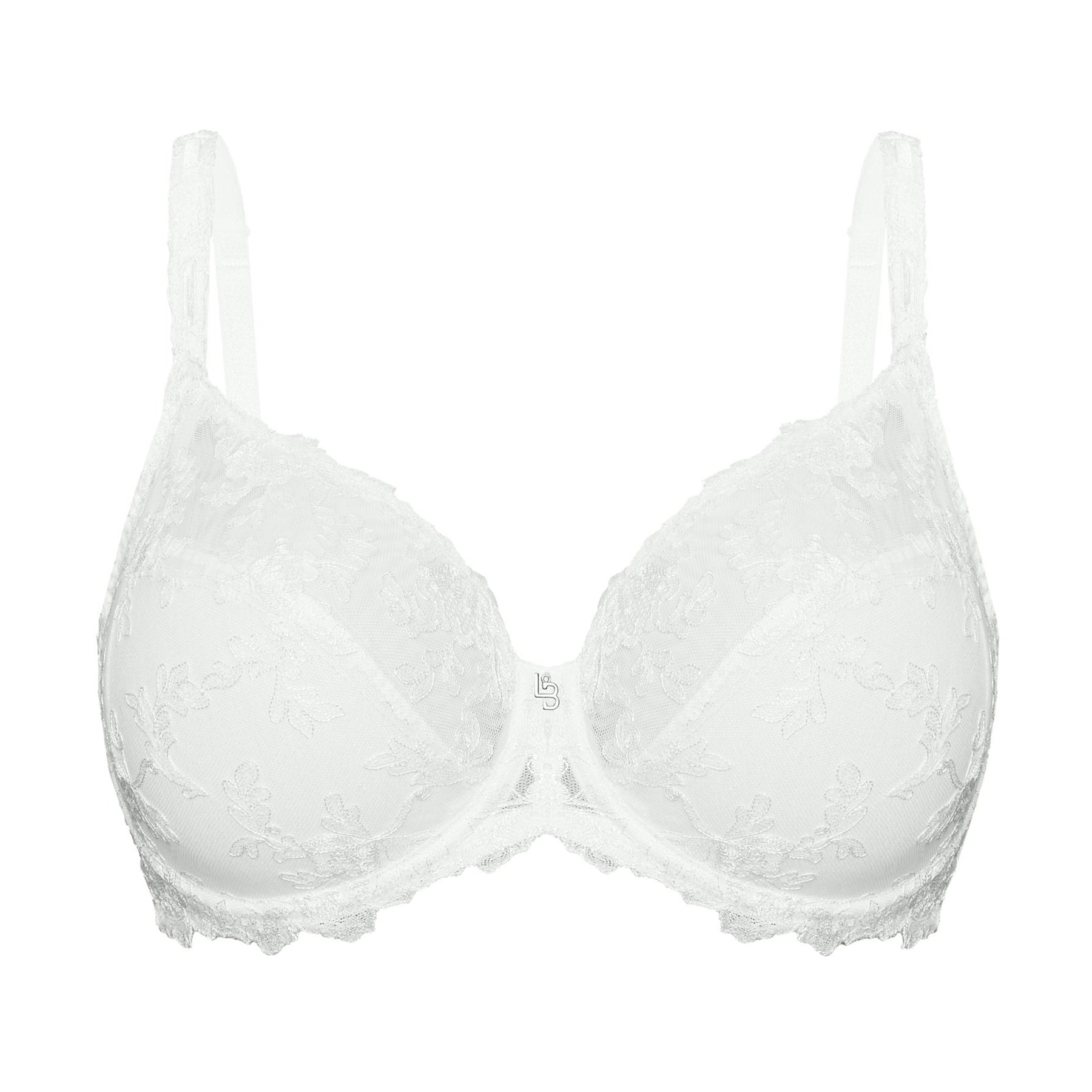 White lace underwire bra with floral embroidery, full coverage cups and delicate scalloped edges