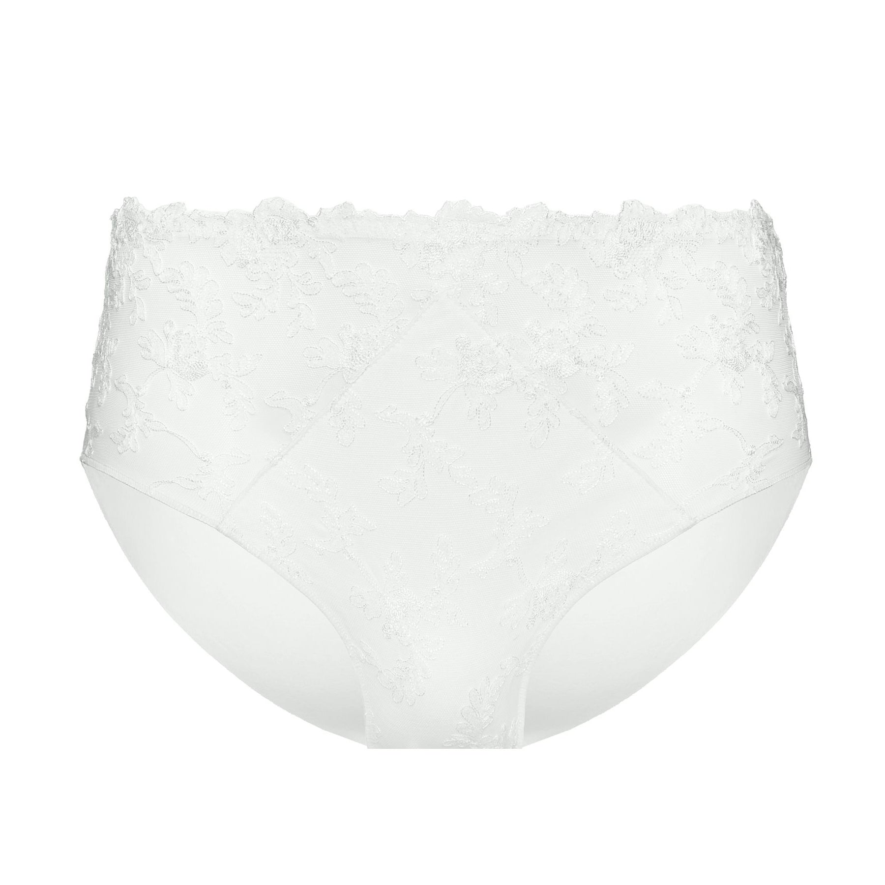 White lace full brief with floral embroidery, high-rise coverage and smooth front panel
