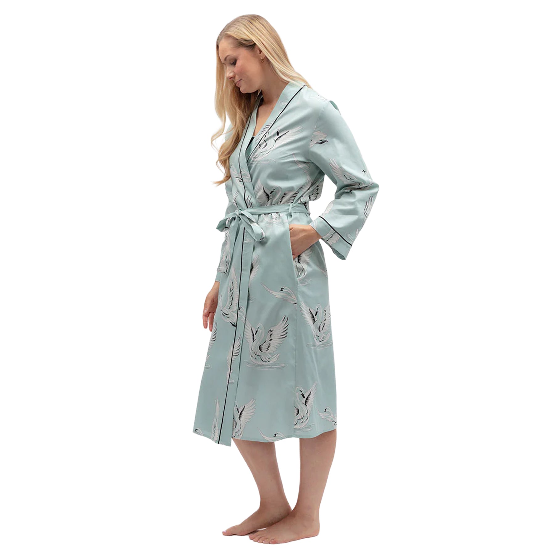 Side view of mint mix long sleeve robe featuring soft fabric, adjustable belt and graceful all-over swan pattern.