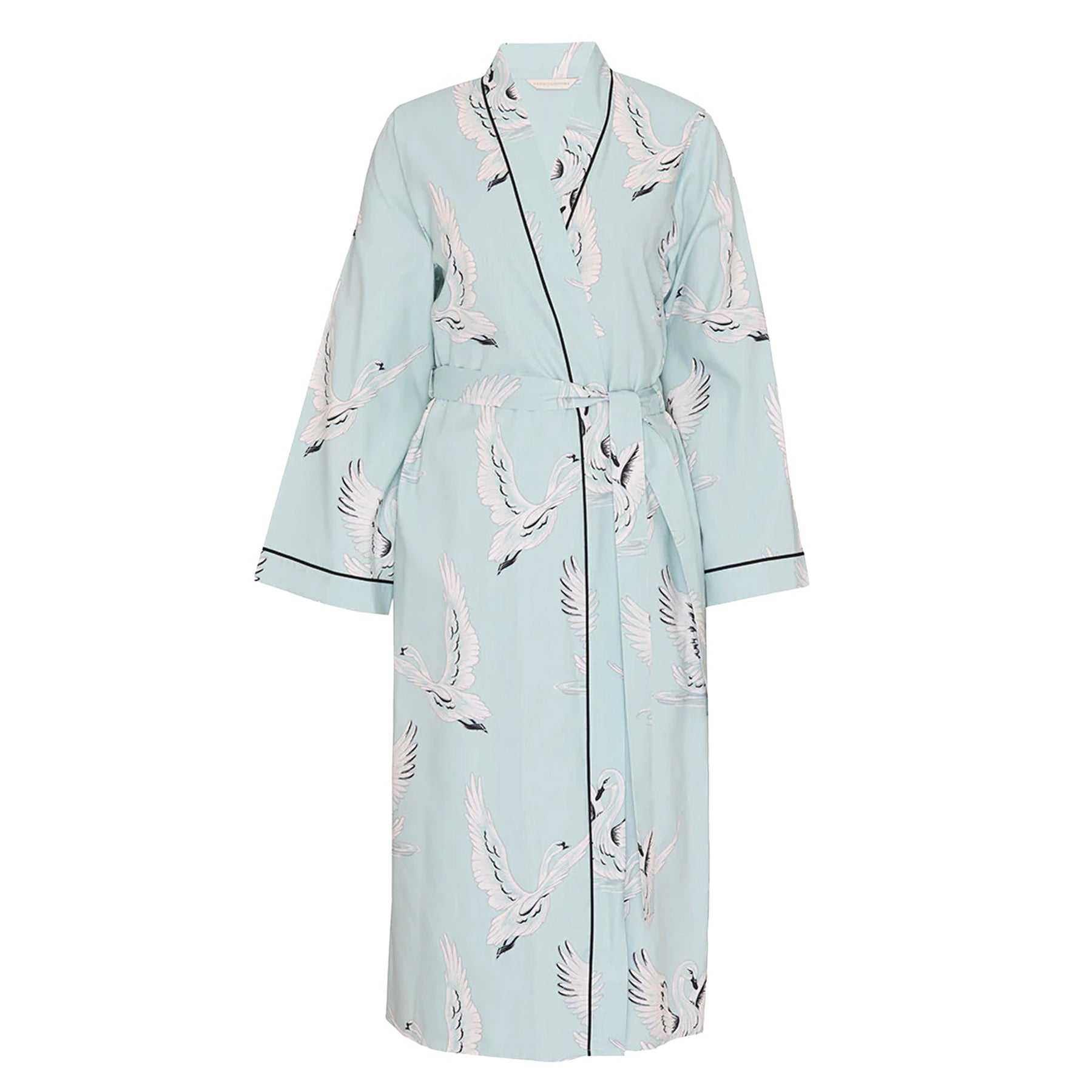 Flat front view of mint blue cotton robe with white swan illustration print, wrap neckline, belt closure and black trim details.