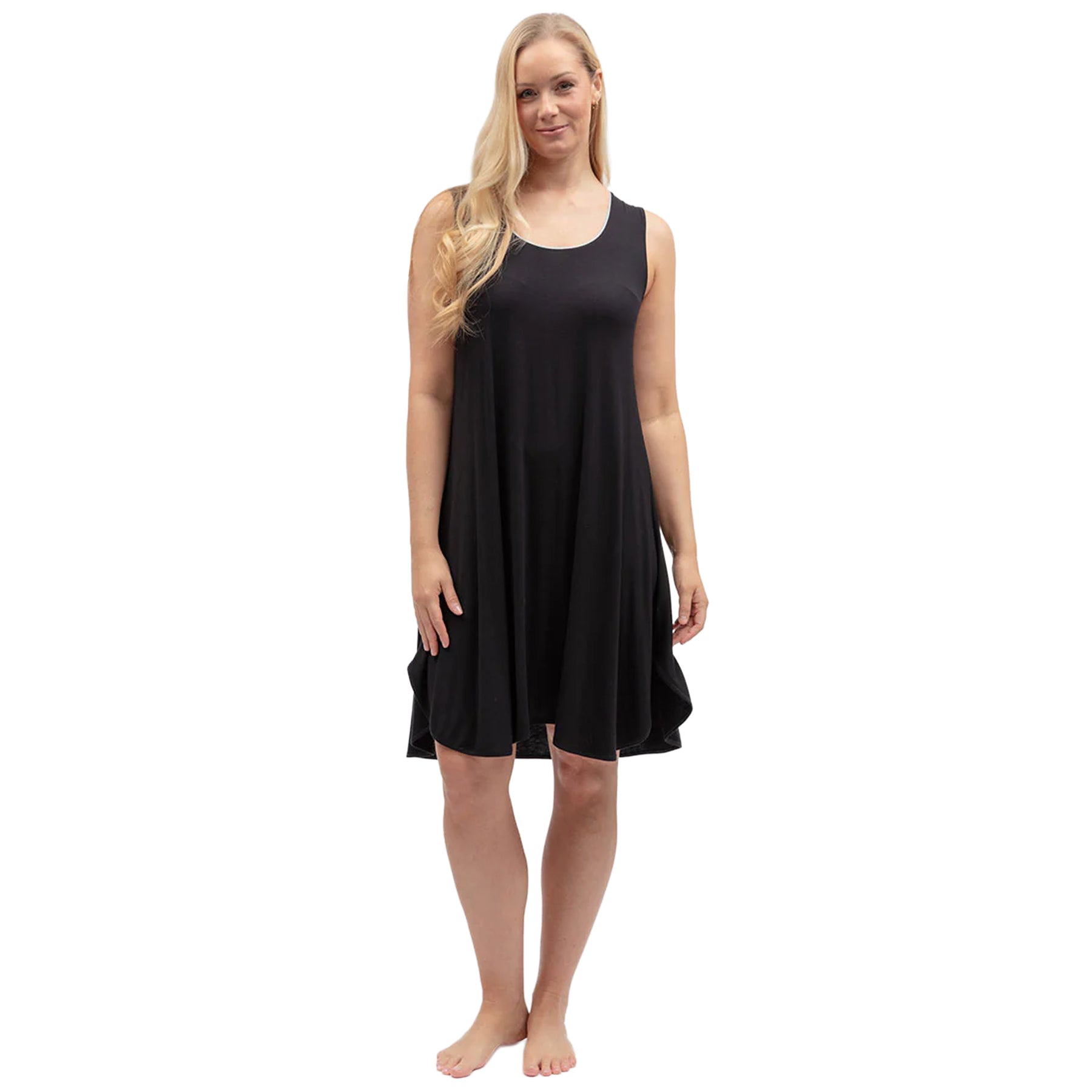 Front view of black sleeveless sleep dress featuring soft draping fabric, wide straps and comfortable A-line fit.