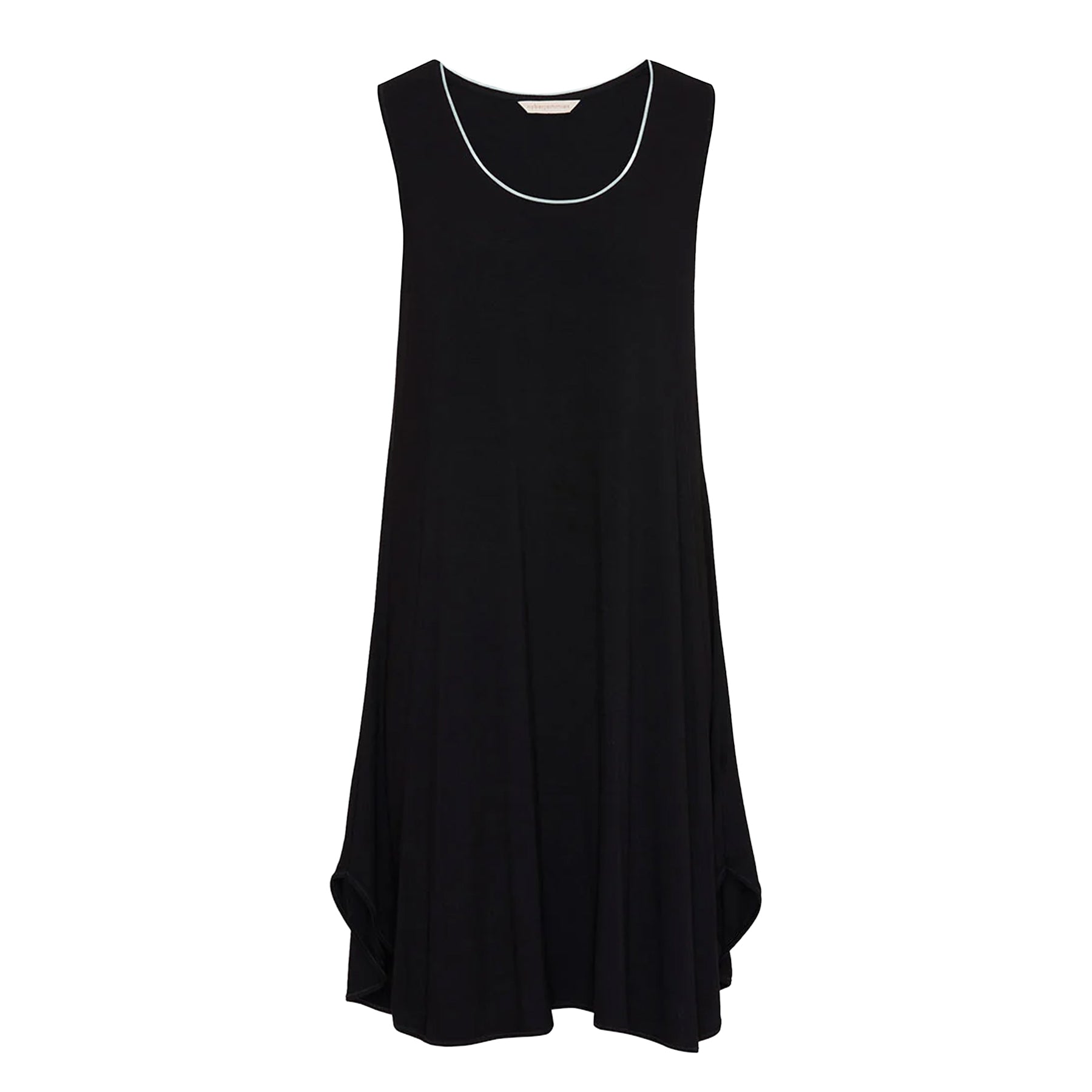 Flat front view of black sleeveless jersey nightgown featuring contrast neckline piping, soft drape and flowing knee-length design.