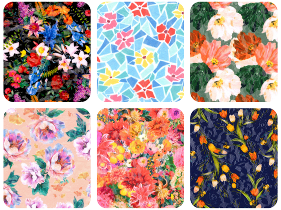 Six floral fabric print swatches including multicolour, mosaic blue, coral blooms, pastel florals, vibrant red-orange mix, and navy tulip patterns.