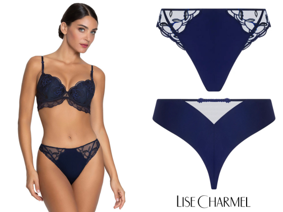 Navy blue Lise Charmel Éclat Couture lingerie set featuring an embroidered plunge bra with sheer floral detailing, matching embroidered bikini panty front view, and coordinating back view showcasing elegant mesh panel and fine couture finishes