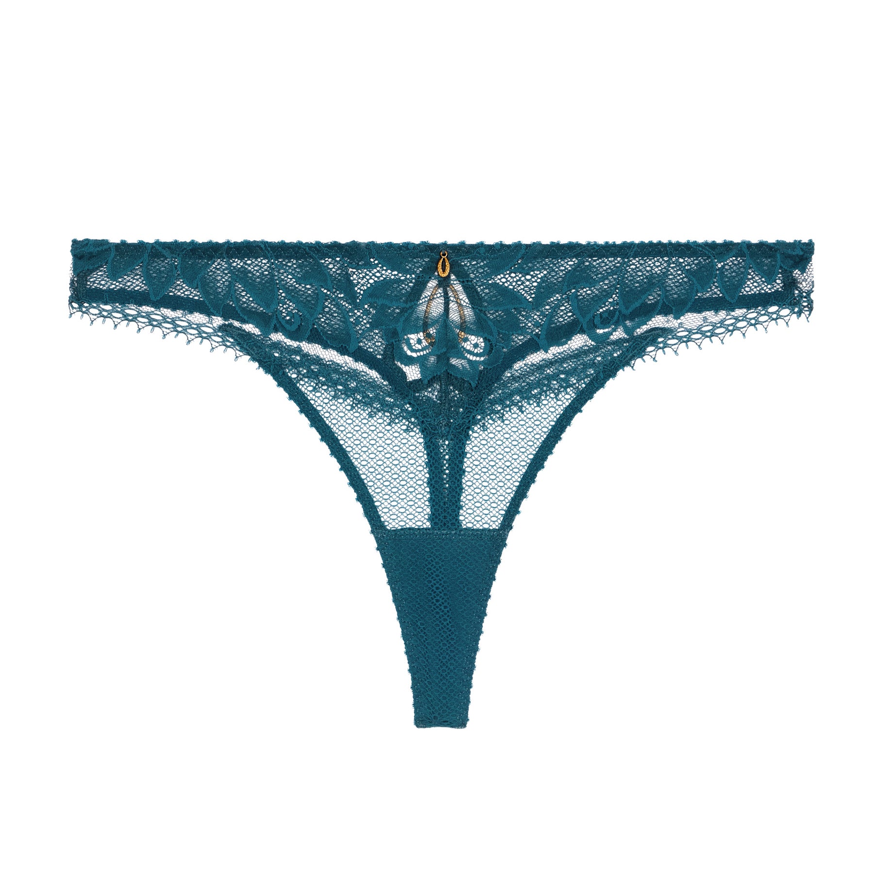 Teal lace thong with sheer floral embroidery and delicate scalloped trim