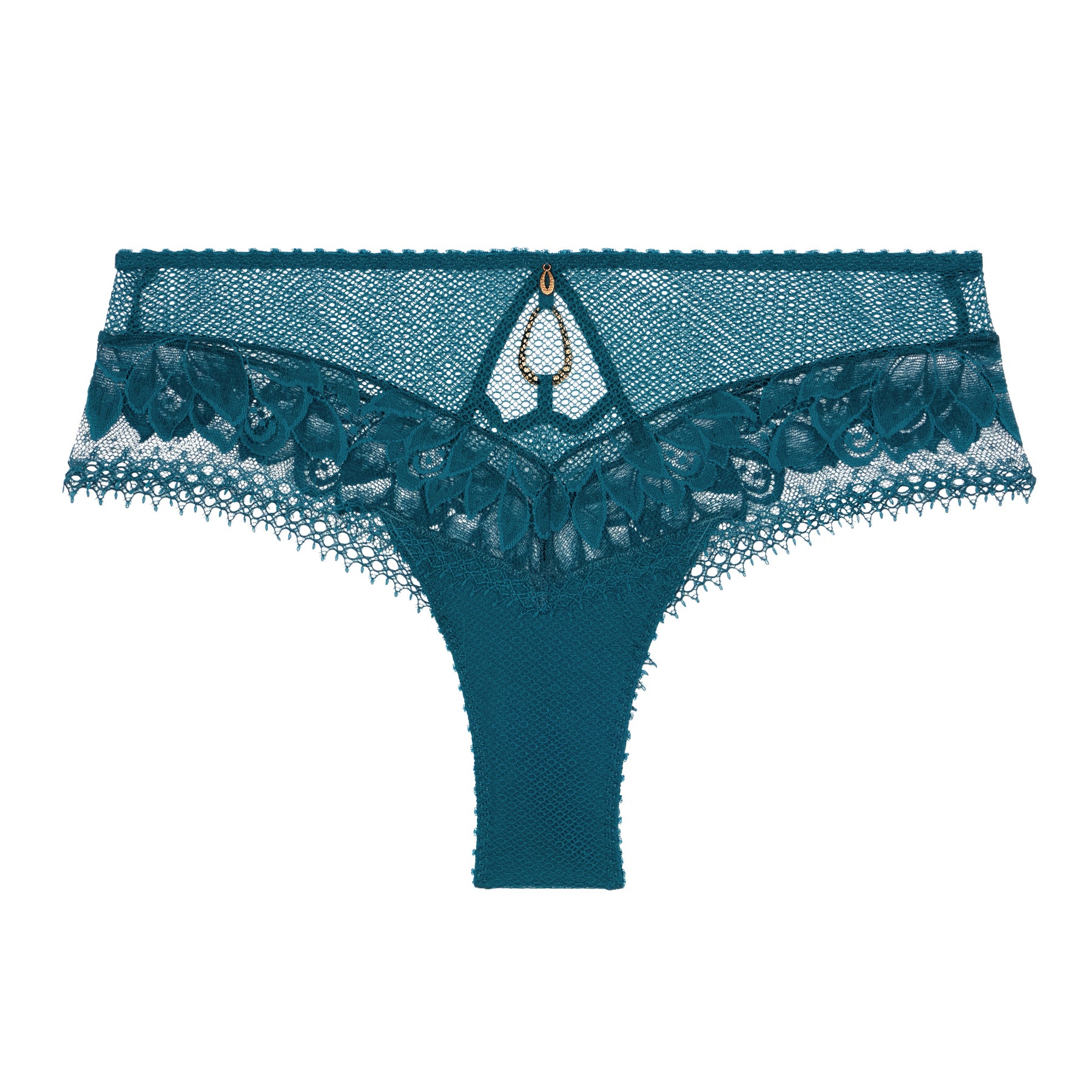 Teal lace thong with floral embroidery and gold charm detail on the front.