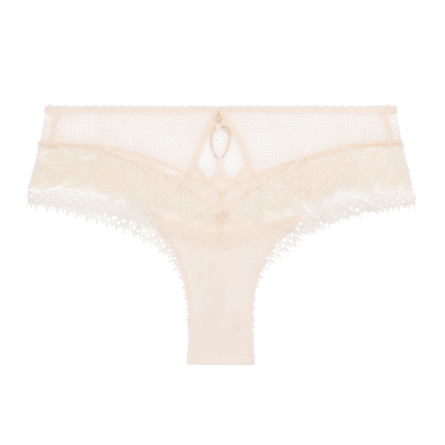 Light powder lace thong with sheer mesh, floral embroidery, and gold charm detail on the front.