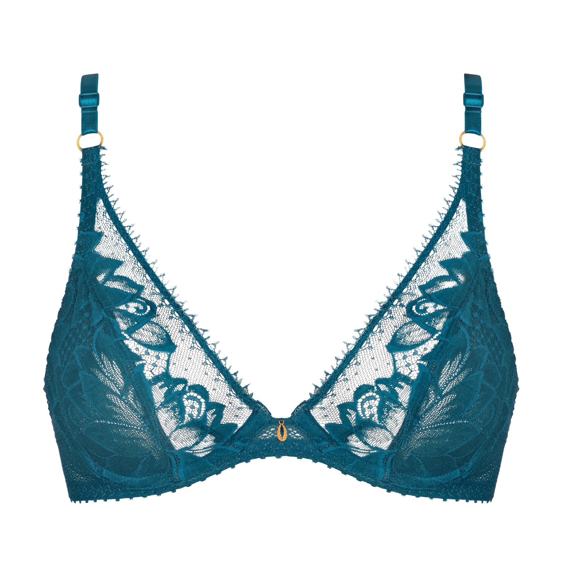 Teal lace underwire bra with floral embroidery and scalloped trim
