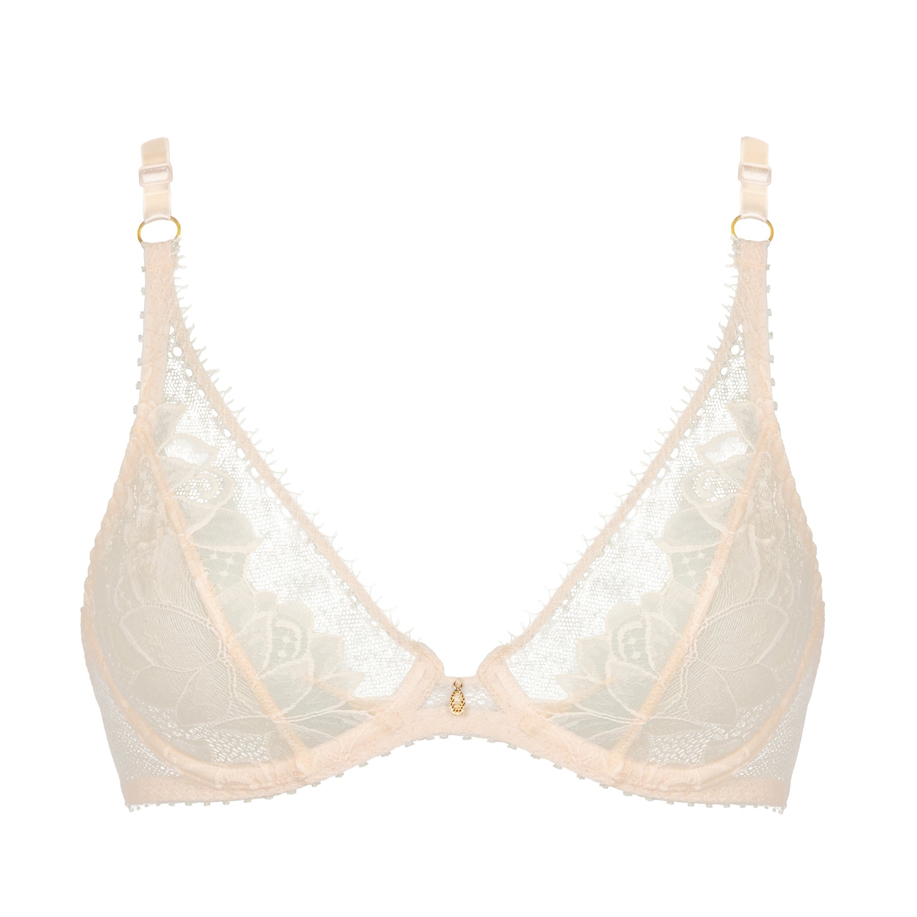Light powder lace underwire bra with sheer floral embroidery and scalloped trim