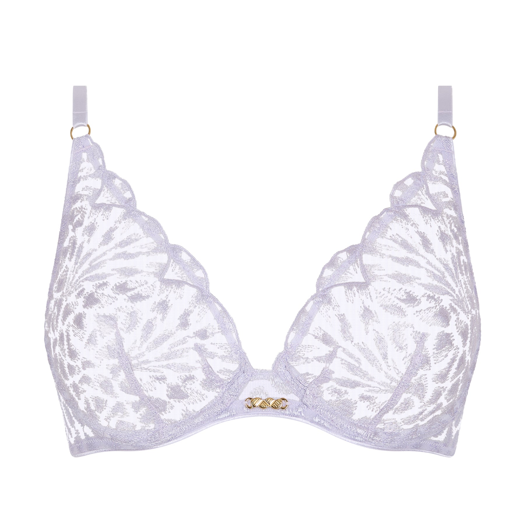 Lavender embroidered lace plunge bra displayed on white background with delicate scalloped trim.