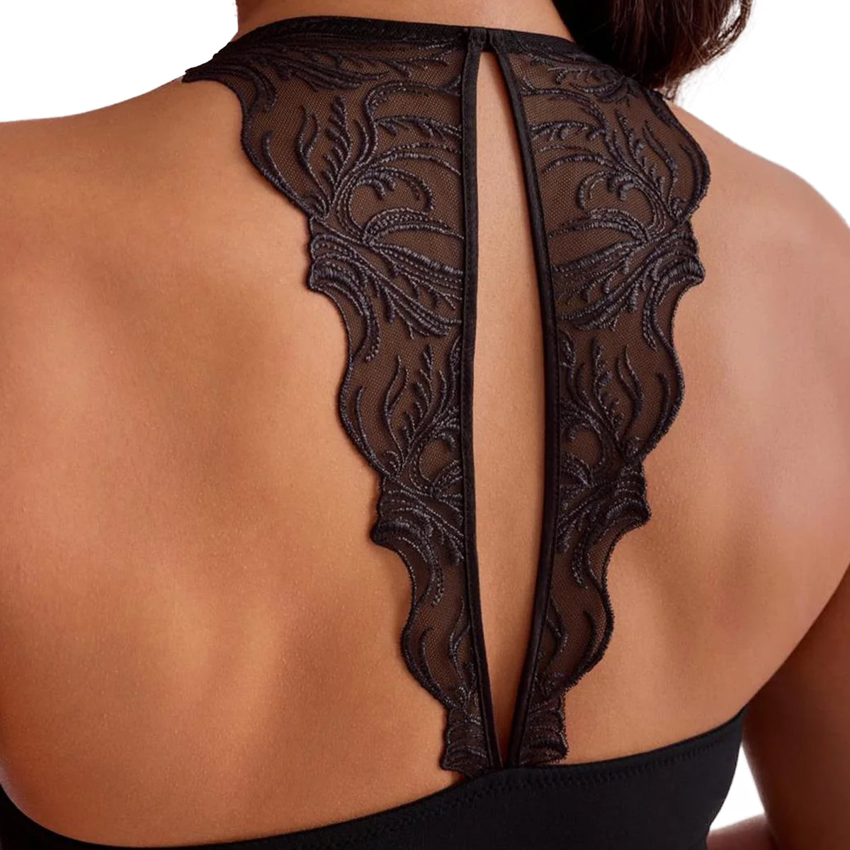 Close-up of the Fleur Racerback Chemise showcasing intricate black floral lace, scalloped edges and keyhole racerback detail.