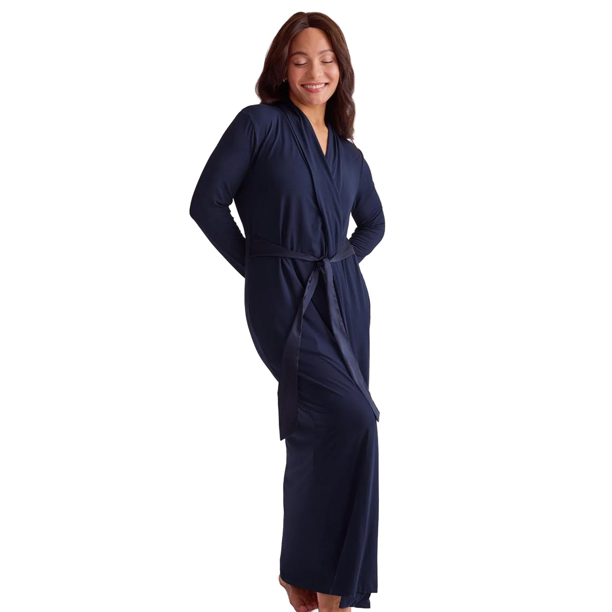 Model wearing Fleurt Iconic Long Robe in Ink navy, featuring long sleeves, a wrap front and matching waist tie, front view.