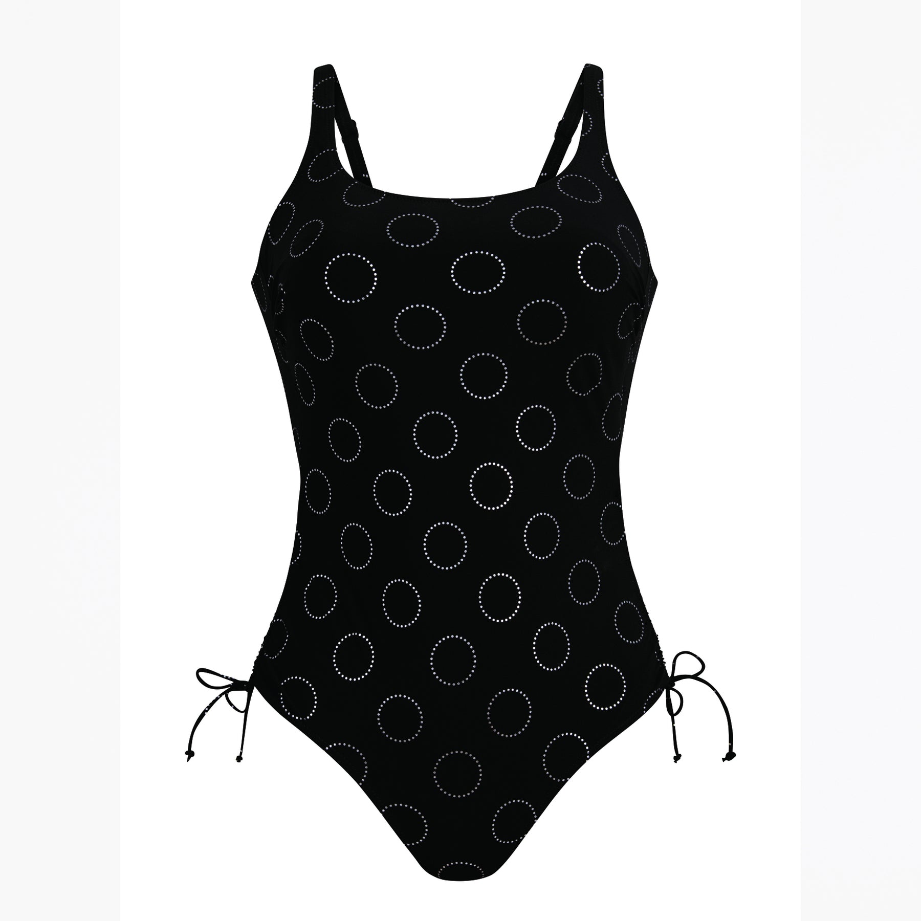 Flat lay of black one-piece swimsuit with dotted circle pattern and side tie details