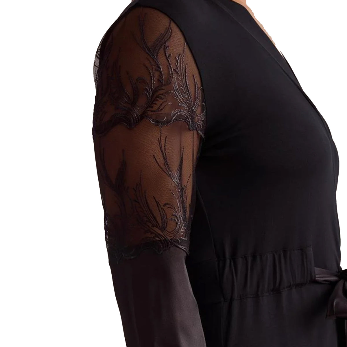 Fleurt Desire Kimono in black, close-up of sheer embroidered floral lace sleeves and soft fabric detailing.