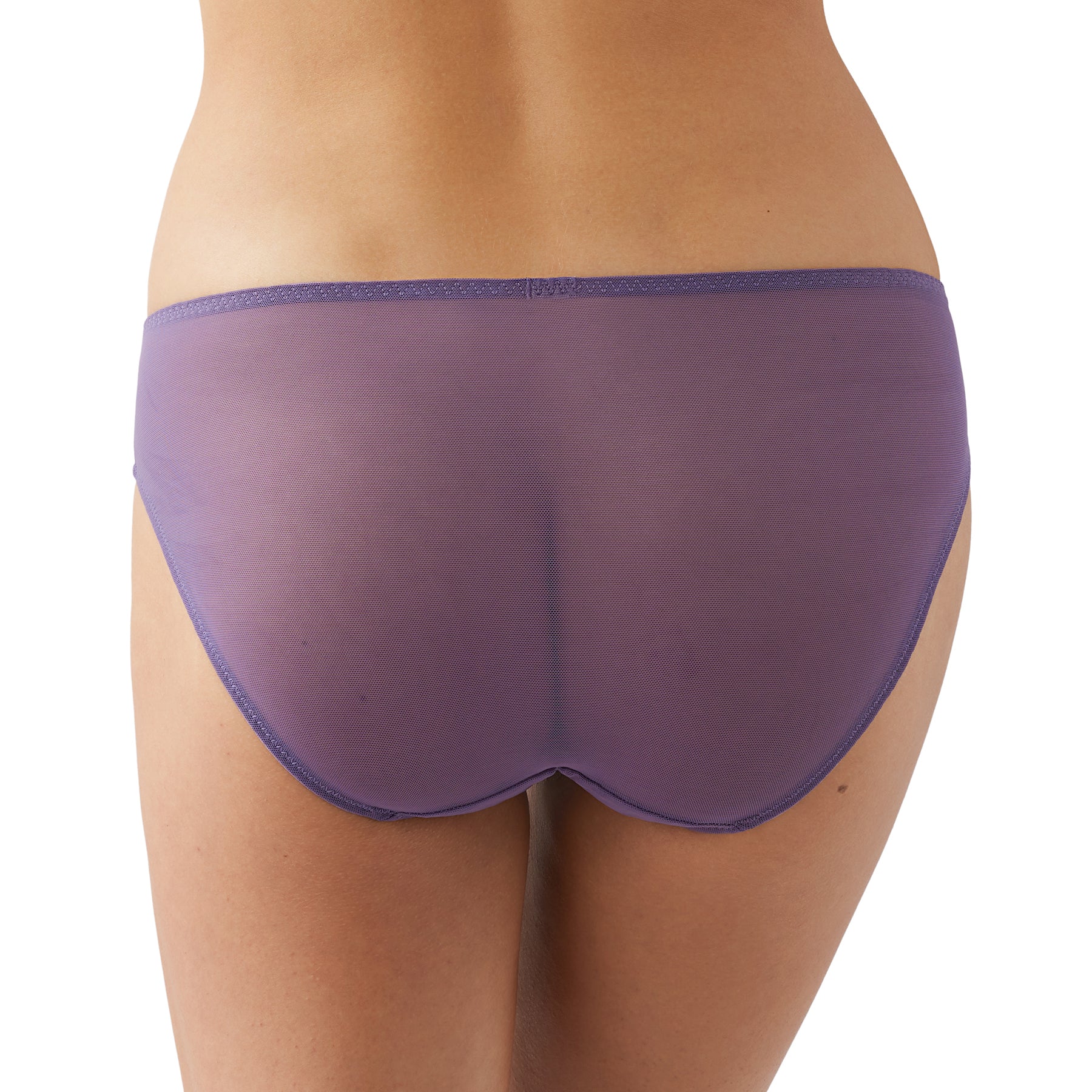 Back view of a lavender bikini panty with smooth, semi-sheer mesh for a seamless finish.